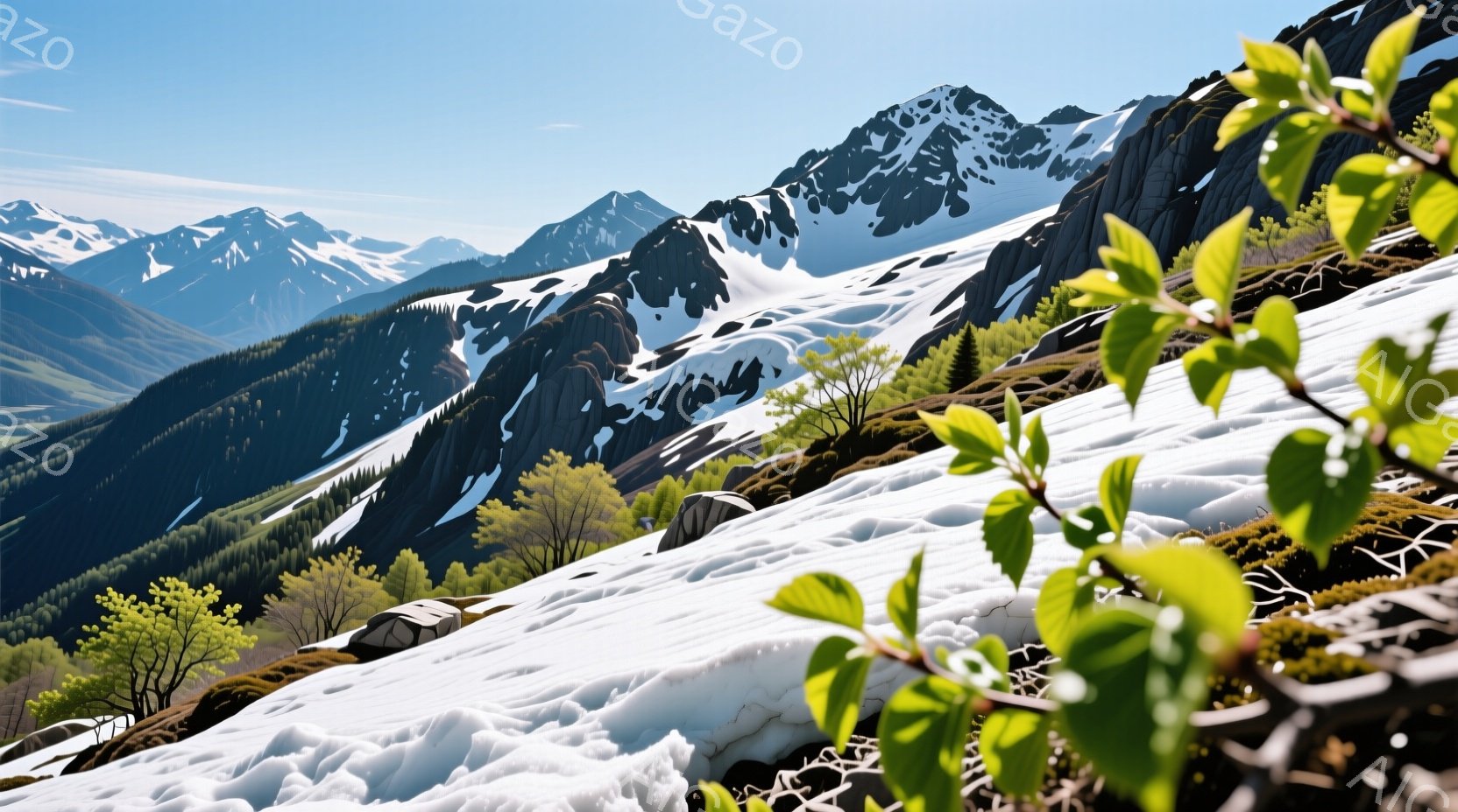 鮮やかな緑の葉が手前に配置され、背景には雪を抱いた山々が連なる風景が広がっています。山の斜面はまだ雪に覆われており、その中に点在する緑豊かな植生とのコントラストが印象的です。晴天の下、壮大な自然の風景が穏やかな雰囲気を醸し出しています。