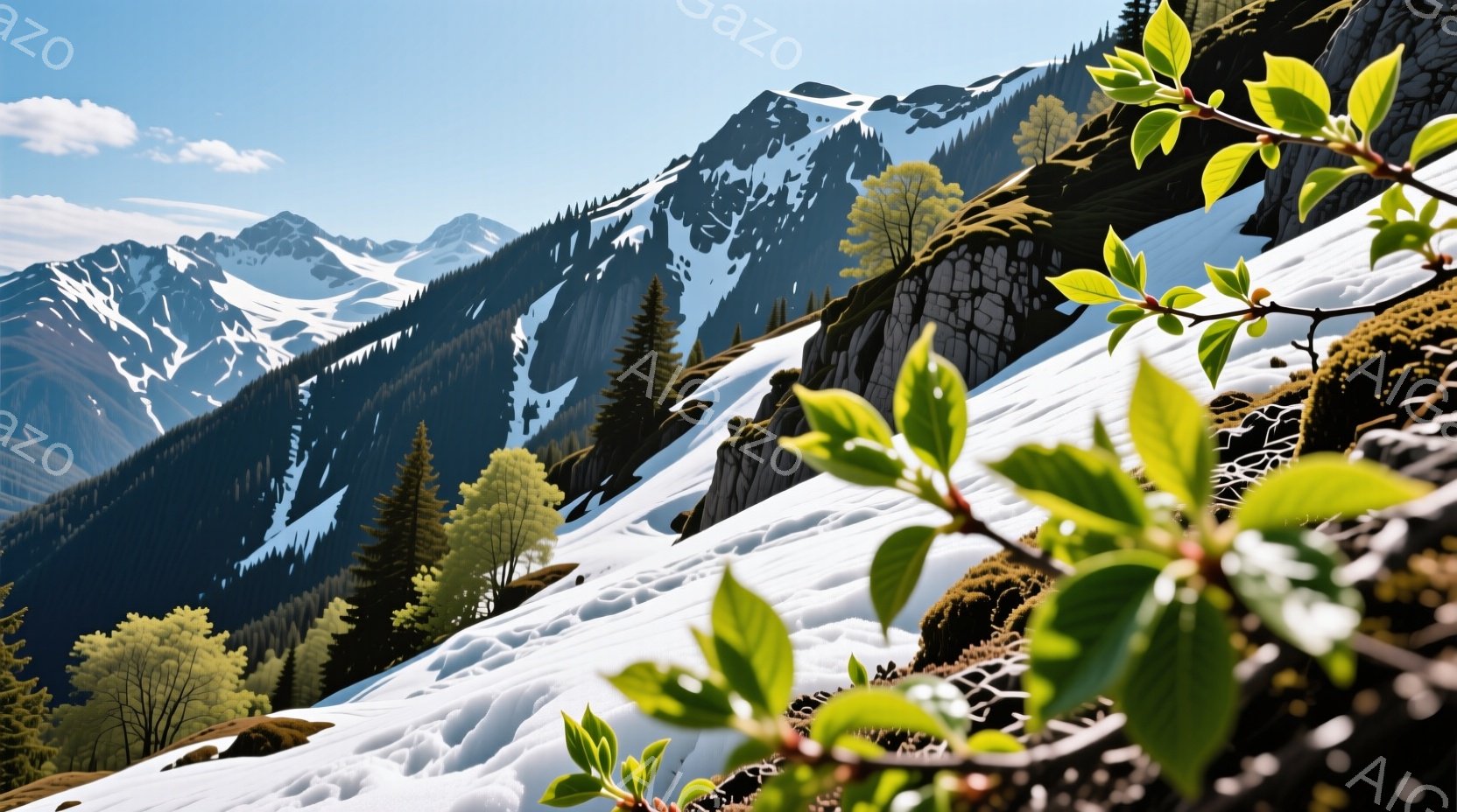 雪に覆われた山々が連なり、緑の芽が手前に咲き誇る風景です。岩肌が露出した山肌には、わずかに木々が見え、春の訪れを感じさせます。明るい日差しが雪原を照らし、爽やかで力強い雰囲気が漂っています。