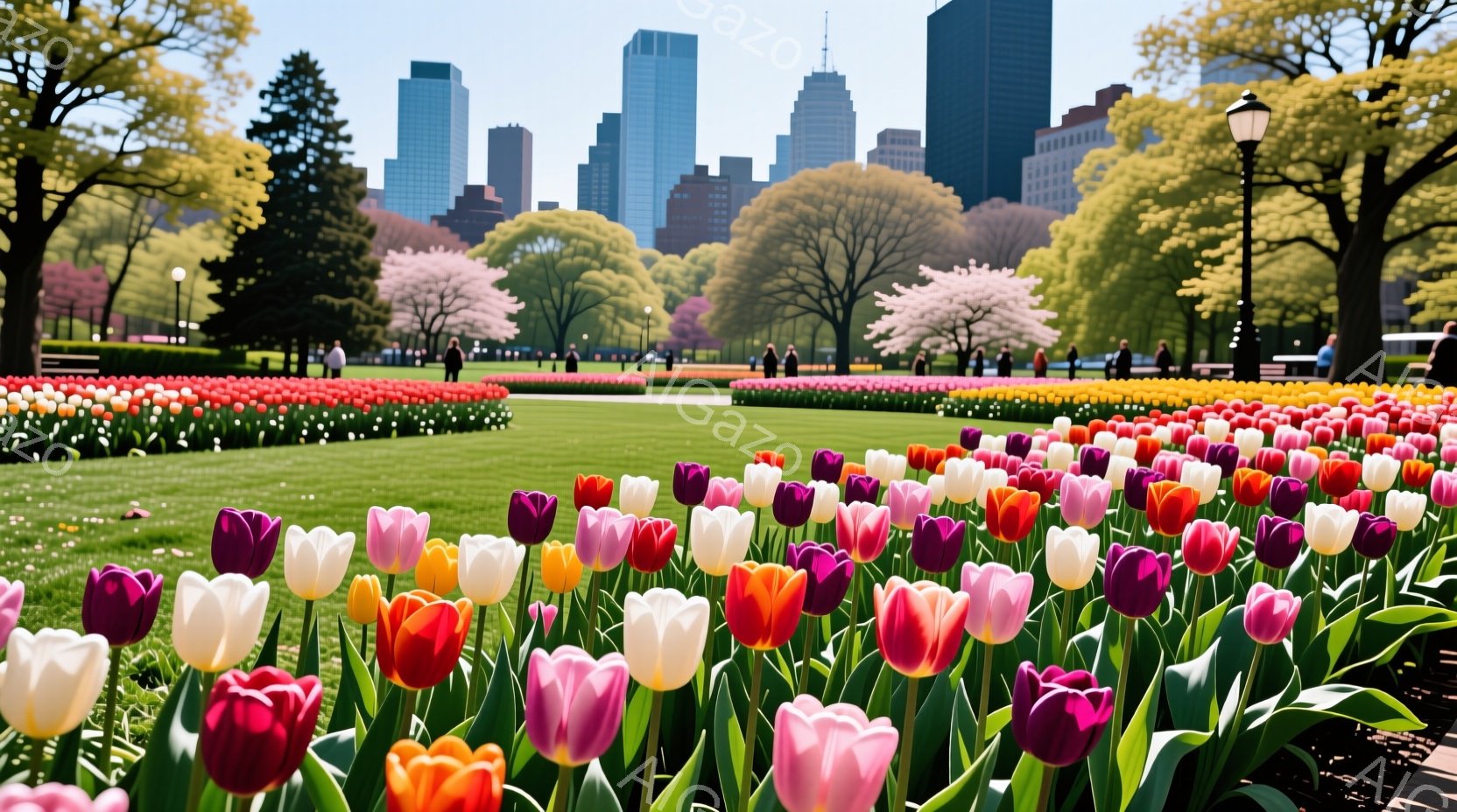 色とりどりのチューリップが手前に広がり、背景には緑豊かな芝生と並木が広がる公園の風景です。遠景には高層ビル群がそびえ立ち、晴天の下、春の穏やかな一日を表しています。人々は散歩を楽しんでいるようですが、 - AI生成フリー素材