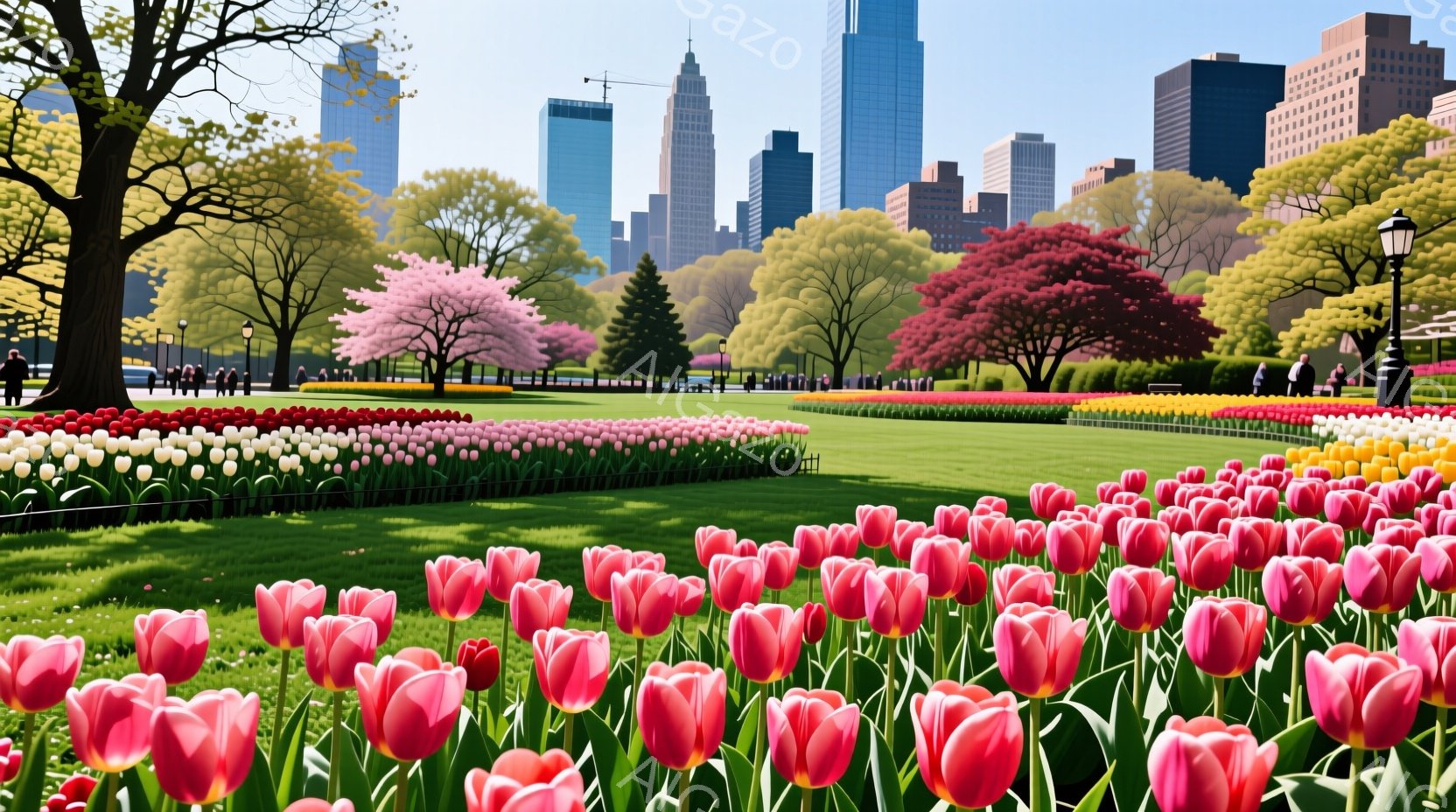 広大な公園には、赤、ピンク、黄色、白などの色とりどりのチューリップが咲き乱れ、春の訪れを感じさせます。背景には高層ビル群がそびえ立ち、都会の風景と自然の美しさが調和しています。人々は散歩を楽しんだり、ベンチでくつろいだりしており、穏やかで平和な雰囲気が漂っています。