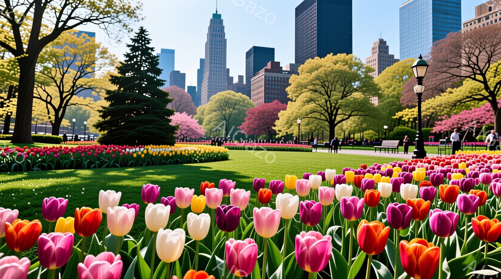 広大な緑の芝生の上に、色とりどりのチューリップの花が咲き乱れ、その奥には高層ビル群がそびえ立っています。人々はカジュアルな服装で散歩を楽しんだり、ベンチでくつろいだりしており、晴天の下、穏やかで平和な - AI生成フリー素材