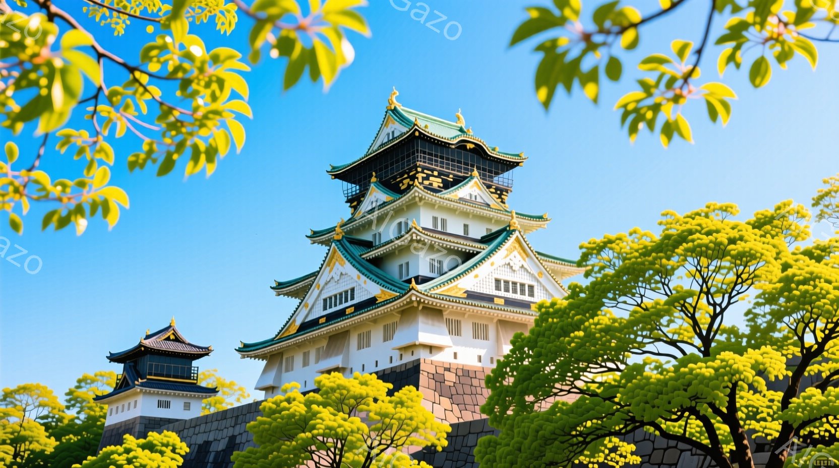 白い城郭が青空の下にそびえ立ち、緑色の屋根が印象的です。石垣の上に建てられており、周囲には新緑の木々が咲き乱れ、春の暖かな日差しを感じさせます。全体的に、歴史と自然が調和した美しい風景で、平和で穏やか - AI生成フリー素材