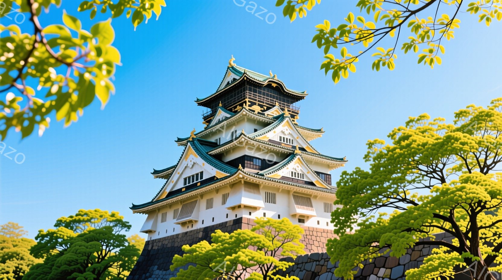 白い城が緑の木々の間にそびえ立っており、鮮やかな青空を背景に壮大な姿を見せています。城は複数の階層で構成され、それぞれの屋根には緑色の装飾が施されており、日本の伝統的な建築様式が際立っています。城の周囲には石垣が築かれており、自然と調和した美しい景観を作り出しています。
