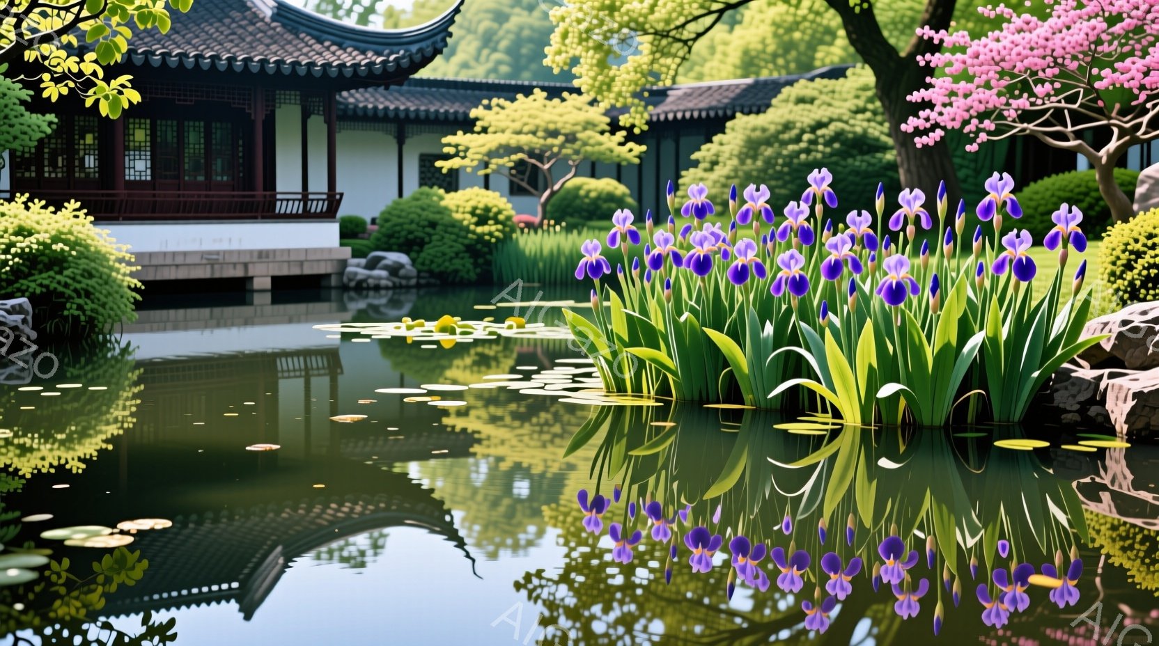 静かな池に紫の菖蒲が咲き乱れ、水面には鮮やかな花と緑の葉が映り込んでいる。背景には、伝統的な瓦屋根の建物と緑豊かな木々が見え、穏やかな春の日の平和な庭園の風景が広がっている。水面に浮かぶ睡蓮の花が、さ - AI生成フリー素材