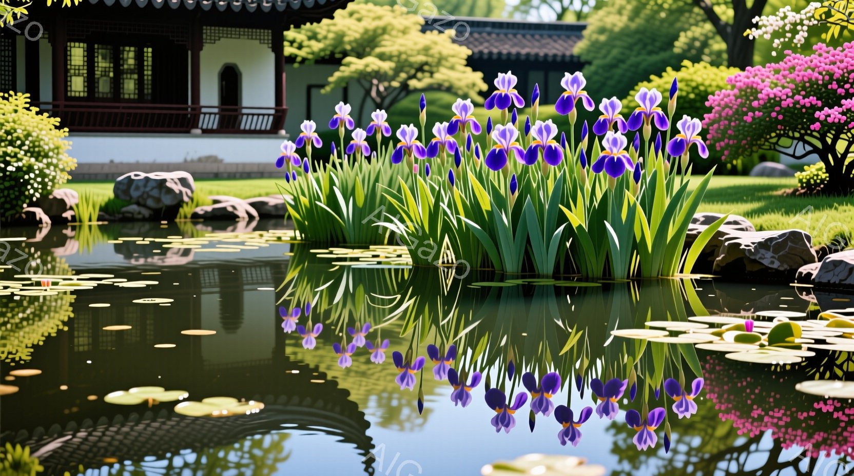 広大な池には、紫色の菖蒲の花が咲き誇り、水面にはその美しい姿が映り込んでいます。池の畔にはピンク色の花が咲く木々があり、背景には伝統的な様式の建物が見え、穏やかで平和な雰囲気を醸し出しています。水面には睡蓮の葉が点在し、自然の静けさと美しさを感じさせる光景です。