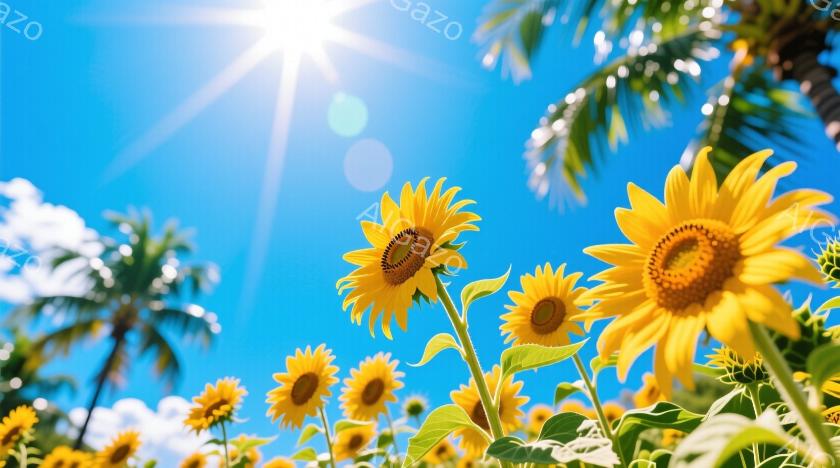 鮮やかな青空の下、ひまわり畑が広がり、多くのひまわりが太陽に向かって咲き誇っています。左上にはヤシの葉が一部見え、背景には白い雲が浮かび、強い日差しが降り注いでいます。全体的に明るく、夏らしい、活気に - AI生成フリー素材