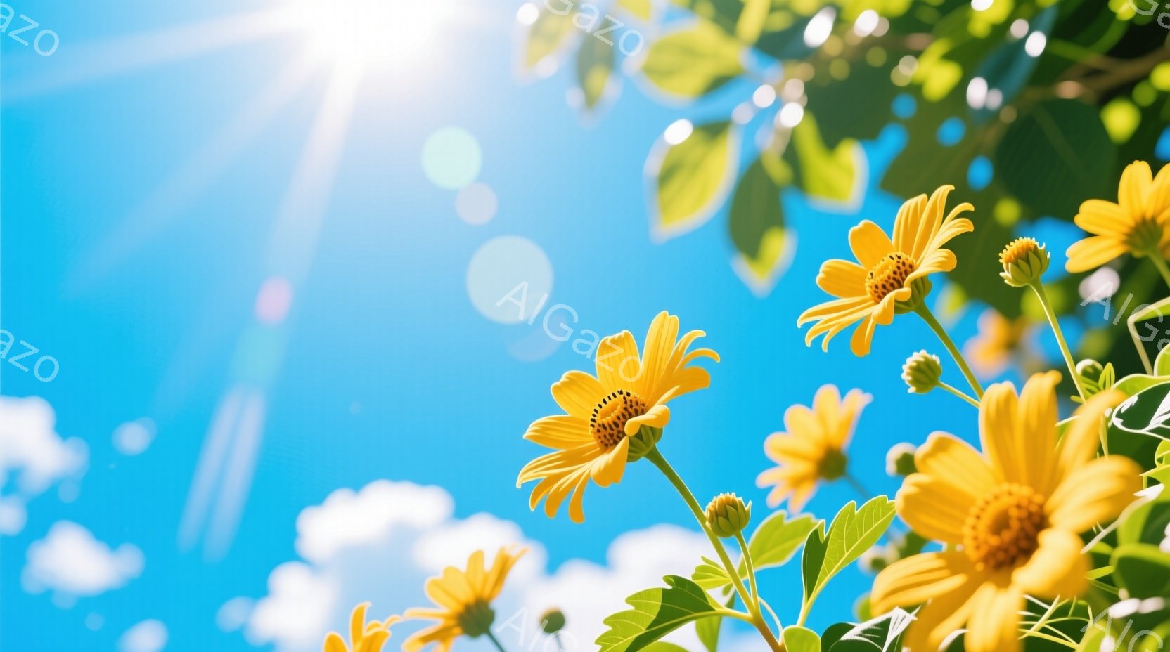 鮮やかな青空を背景に、黄色い花々が咲き誇っています。太陽の光が強く、花びらを照らし、背景には白い雲が浮かんでいます。全体的に明るく、希望に満ちた、夏らしい雰囲気です。
