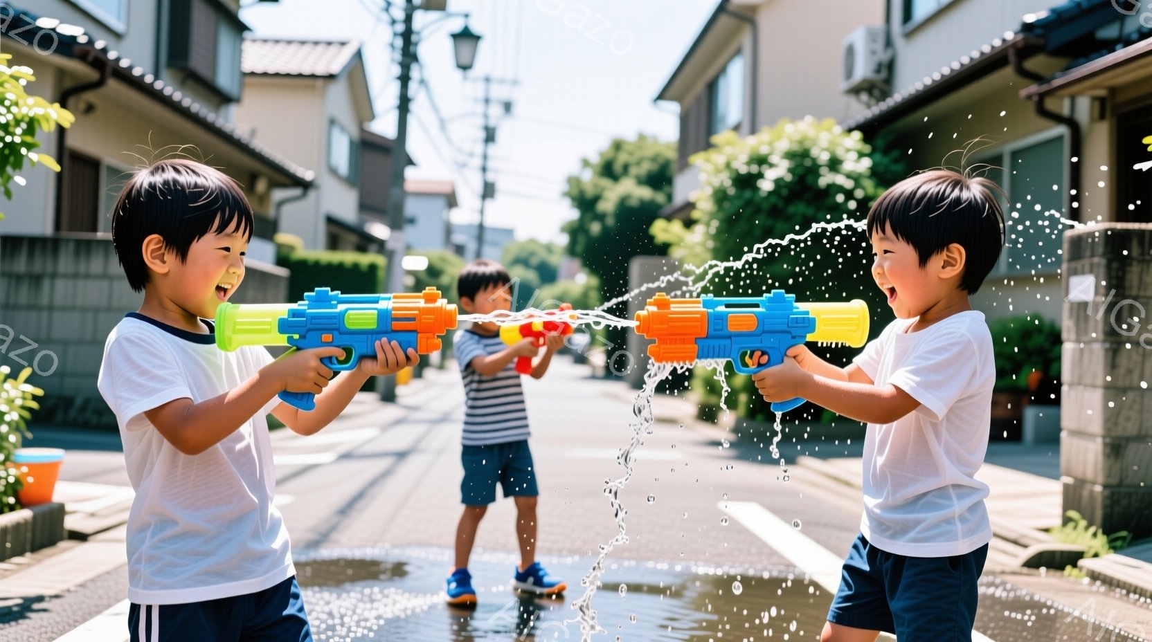 2人の少年が水鉄砲で水を撃ち合っており、楽しそうに笑っている。彼らは白いTシャツと紺色の短パンを着ており、黒髪を短く切っている。背景には住宅や緑が広がり、晴れた日の活気ある夏の雰囲気が感じられる。