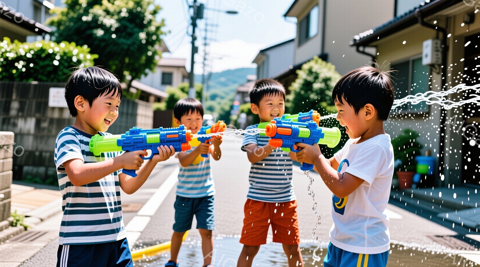 4人の少年が水鉄砲で水をかけ合って遊んでいます。縞模様や無地のTシャツと短パン姿で、皆笑顔で水鉄砲を構え、水しぶきが飛び交っています。背景には住宅や緑が見え、晴天の下、夏の活気あふれる様子が伝わってきます。