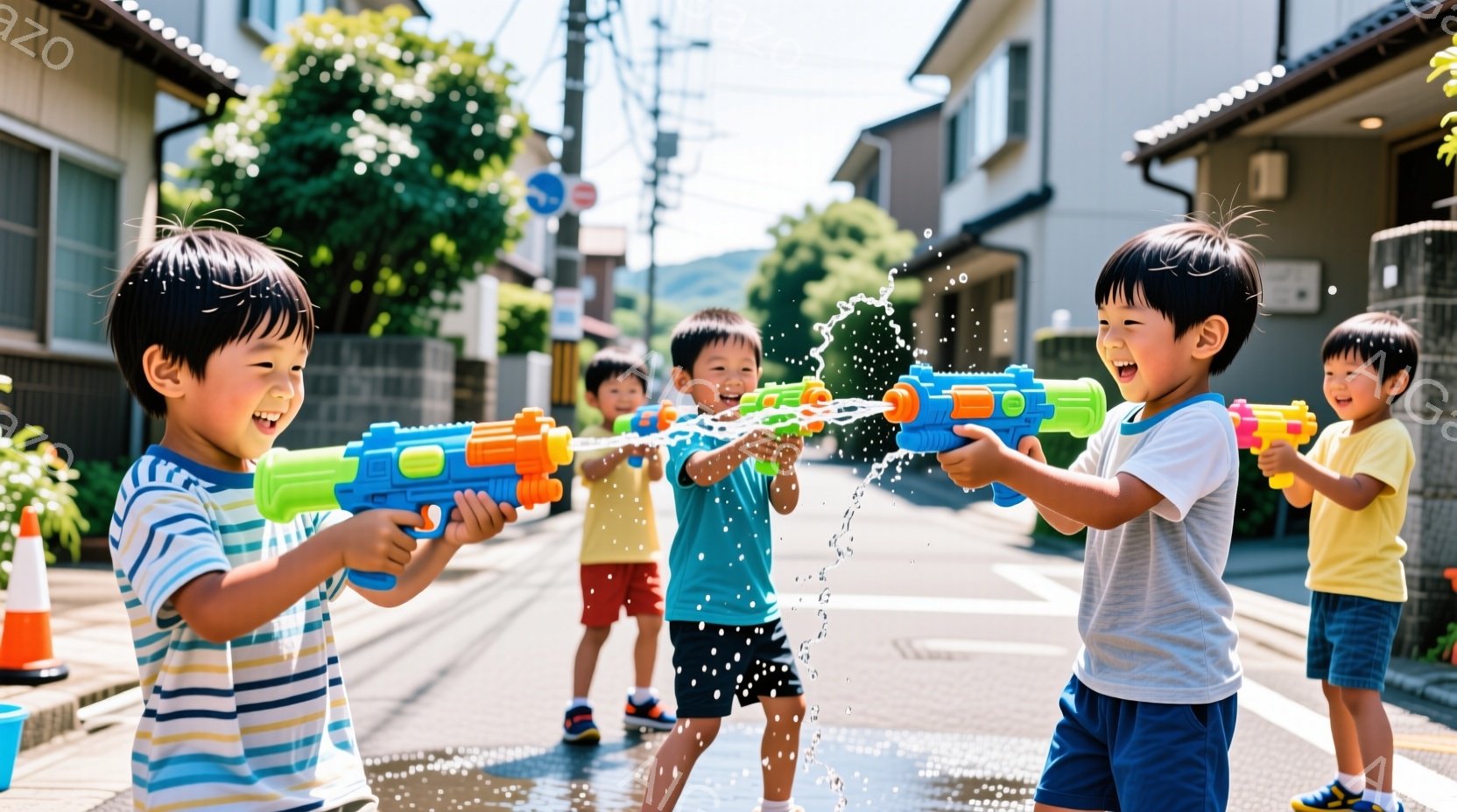 複数の子供たちが水鉄砲で遊んでいる写真です。彼らは皆、明るい色のTシャツと短パンを着ており、興奮した表情で水鉄砲を構え、互いに水をかけています。背景には住宅や道路があり、晴れた日の活気のある夏の風景が広がっています。