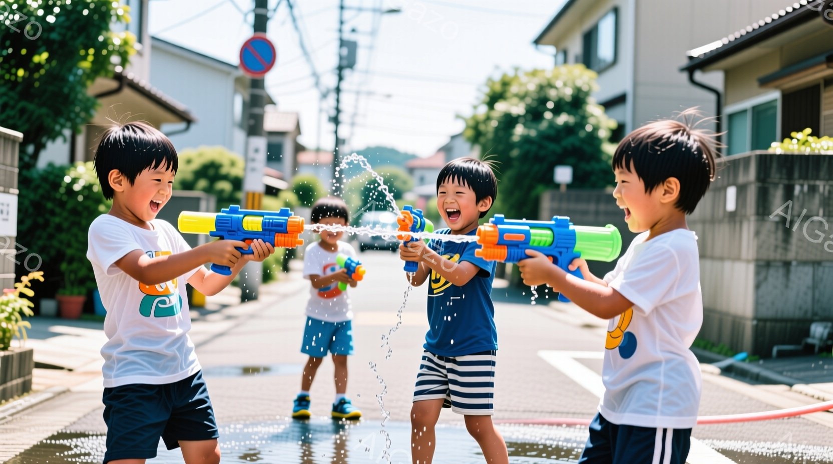晴れた日に、数人の子供たちが路上で水鉄砲で遊んでいます。白いTシャツと紺色の短パンを着ており、皆笑顔で、水しぶきが飛び交っています。背景には住宅や緑が広がり、夏の楽しい雰囲気が伝わってきます。