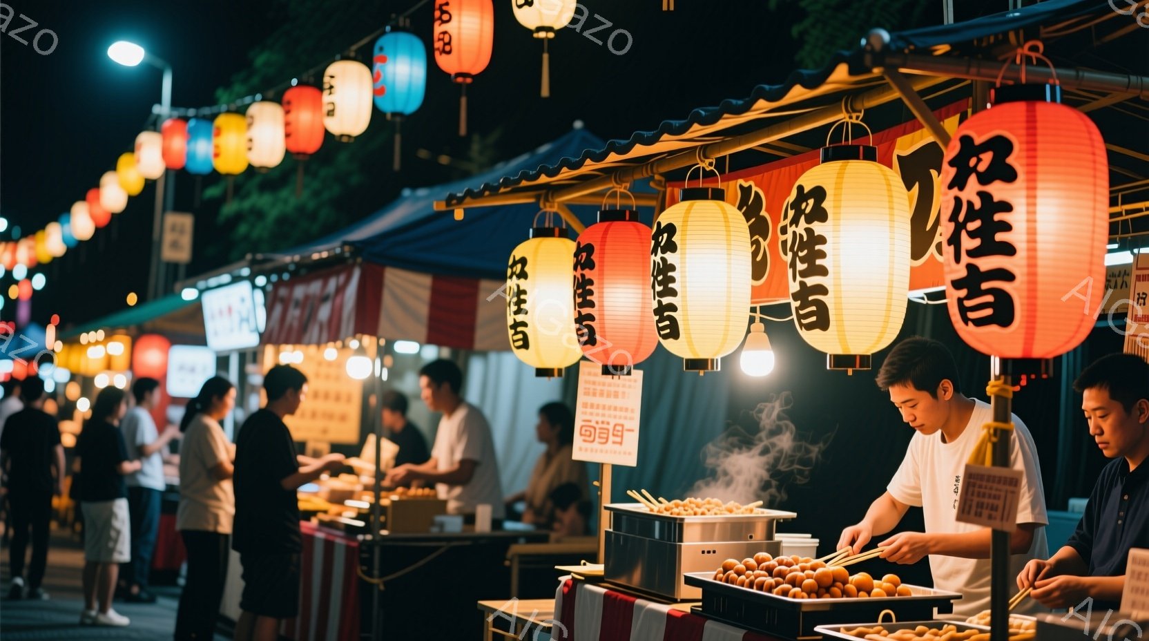 屋台が並ぶ賑やかな夜の風景で、男性が串に刺された団子を焼いている様子が映っている。彼は白いTシャツを着ており、真剣な表情で調理に集中している。背景には提灯が並び、多くの人々が屋台を囲んで楽しんでいる様子から、お祭りや夜市の活気あふれる雰囲気が伝わってくる。