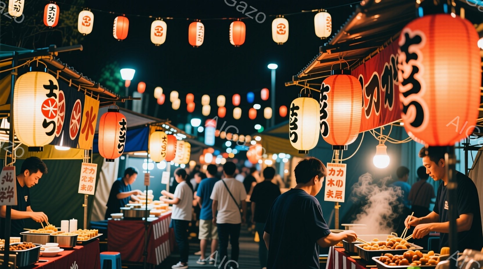 夜の市場には、料理を提供する屋台がたくさんあります。お客様は料理を楽しみながら、屋台で購入することができます。人々は軽やかに動き、外国語を話し合いながら、地元の美味しい食べ物を品味しています。照明は屋台に集中しており、市場が夜になるとより輝くようになります。