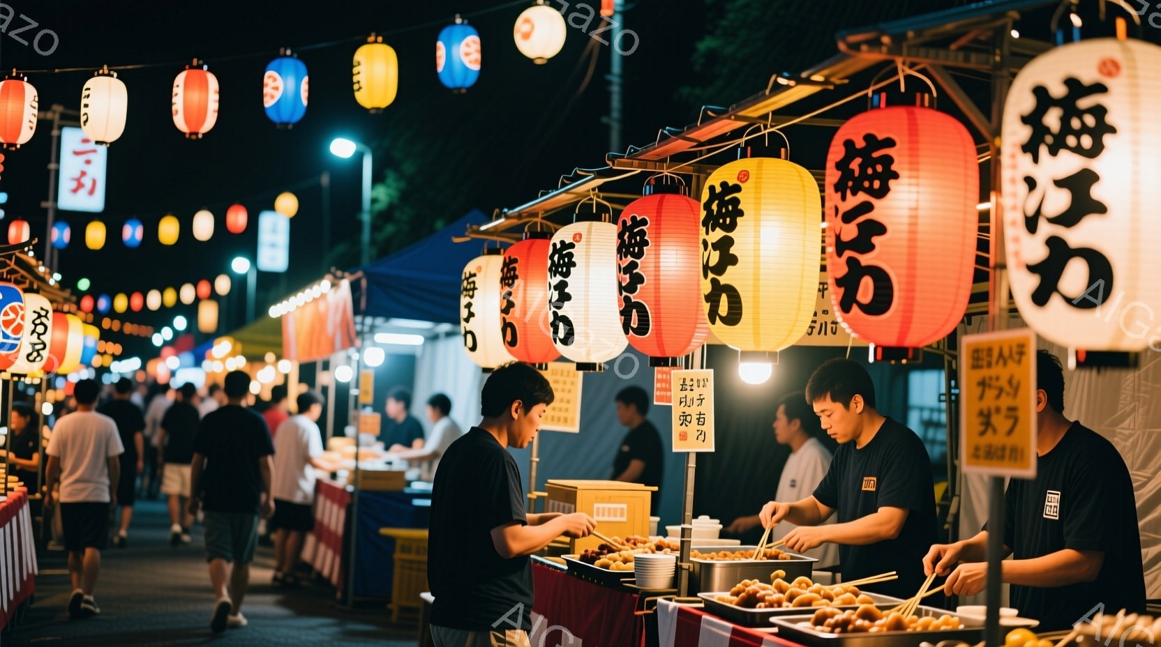 屋台が並ぶ賑やかな夜の風景で、男性たちが串に刺された食べ物を調理している様子が映っている。彼らは黒いTシャツを着ており、真剣な表情で作業に集中している。背景には提灯が飾られ、多くの人々が楽しんでいる様子が伺える、活気のあるお祭りの雰囲気である。