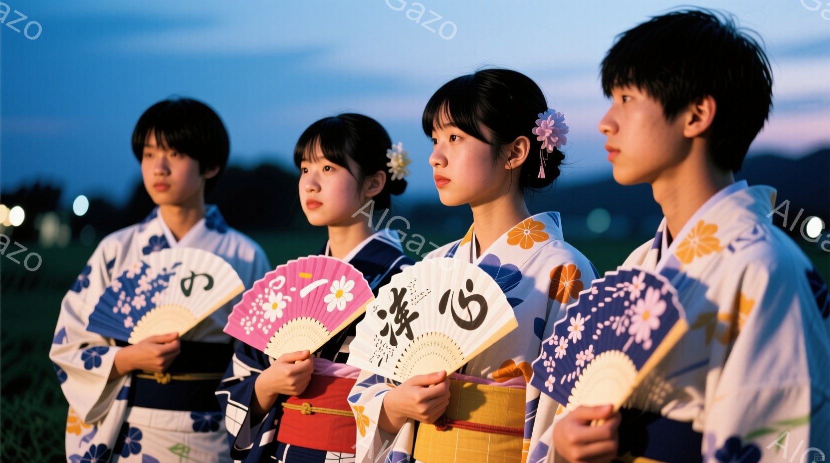 紺色の地に白と紫の花模様が描かれた浴衣を着た若い女性たちが一列に並んでいます。それぞれ扇子を持ち、優しい微笑みを浮かべ、どこか祭りのような雰囲気が漂っています。背景には緑の植物が見え、夕暮れ時の柔らか - AI生成フリー素材