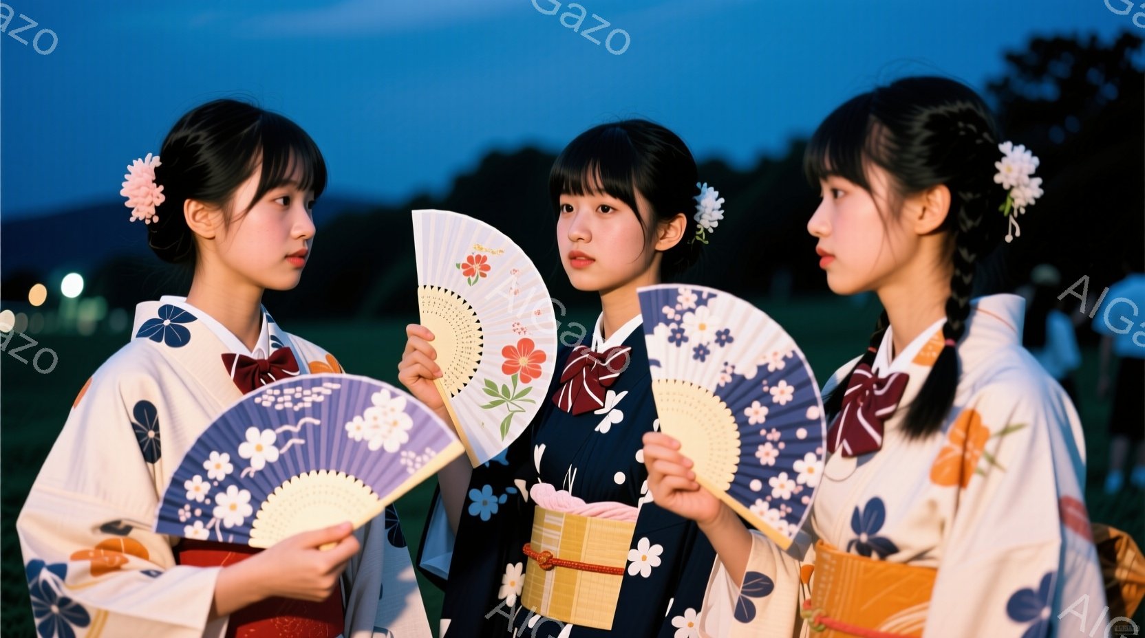 三人の若い女性が、それぞれ異なるデザインの浴衣を着て、扇子を持っています。彼女たちは皆、髪を後ろでまとめ、髪飾りをつけています。背景は夕暮れ時の草原で、遠くには緑の丘が見え、穏やかで少しノスタルジックな雰囲気が漂っています。