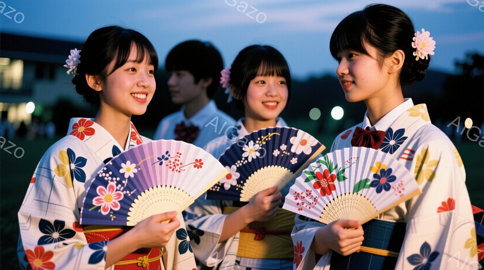 三人の若い女性が、それぞれ扇子を持って微笑んでいます。彼女たちは白地に青やピンクの花柄の着物を着ており、髪には花飾りをつけています。背景には薄暗い建物と緑豊かな自然が見え、夕暮れ時の穏やかな雰囲気が漂 - AI生成フリー素材