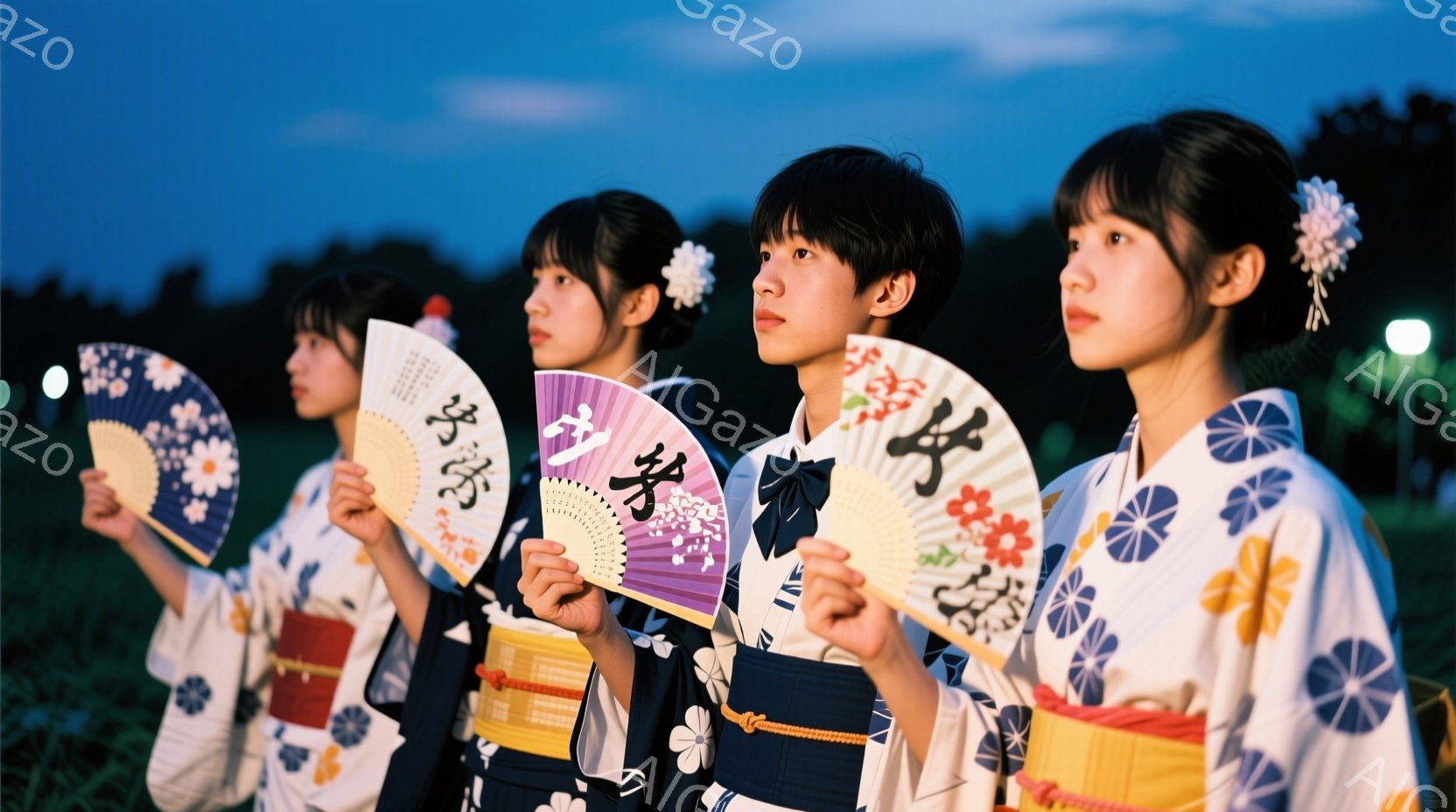 浴衣を着た若い女性が四人、並んで立っています。それぞれ異なる柄の浴衣を着ており、髪には花飾りをつけています。彼女たちは笑顔を見せながら、色とりどりの扇子を高く掲げています。