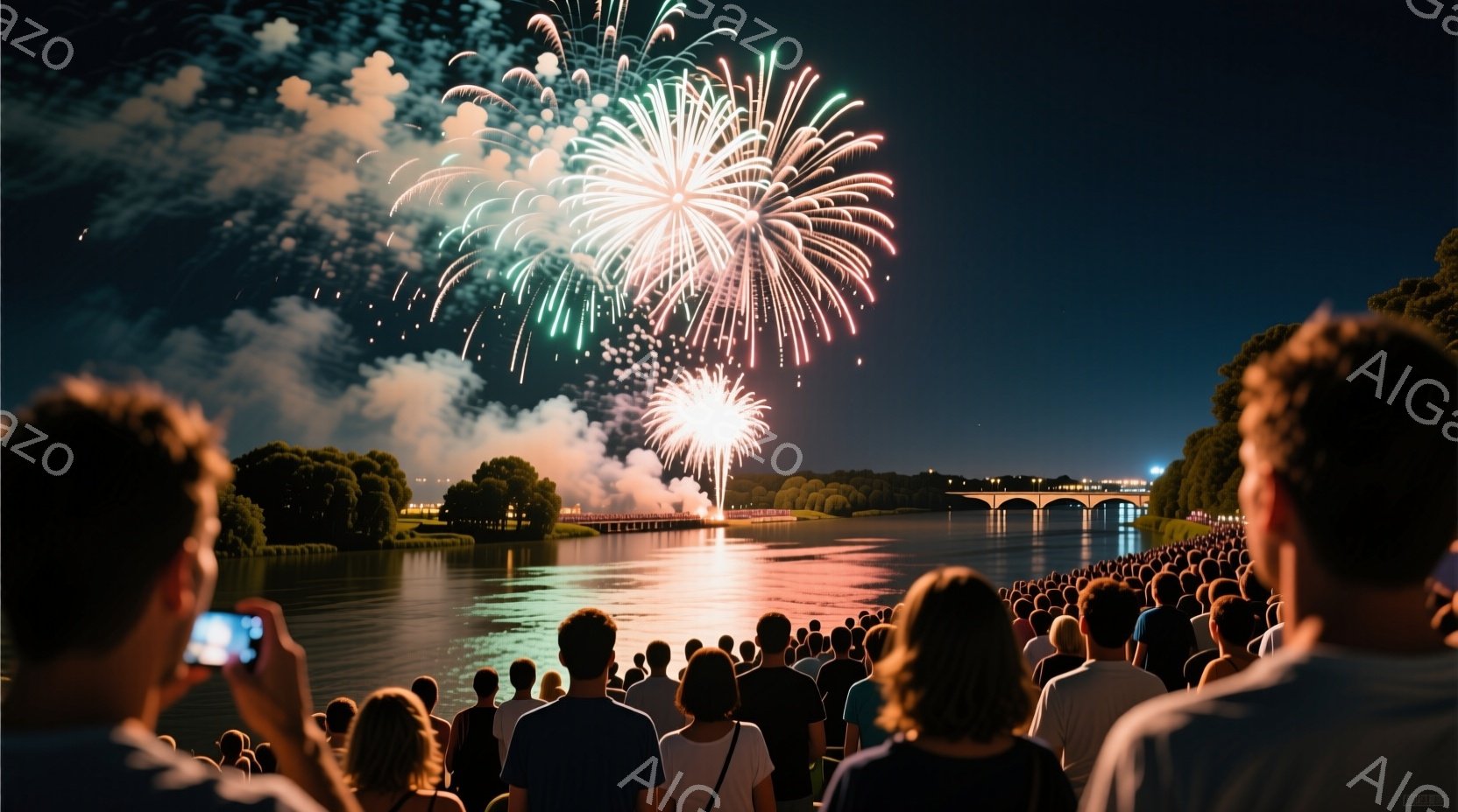 多数の人々が夜の川沿いで、照明装置から放たれる約20個の火花型花火を見守っています。観客は河のほとりに座り、一部は銃声を立てながら写真を撮影しています。夜空の照明と花火の炎が川の水面上に反射され、リラ - AI生成フリー素材
