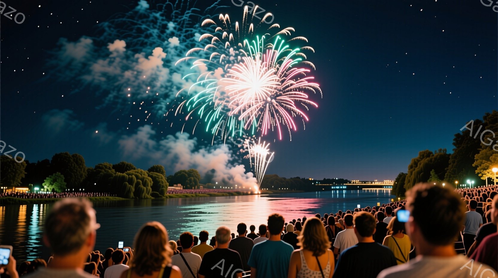 夜空に鮮やかな花火が咲き乱れ、川沿いの人々がその光景に見入っている様子が写っている。観客はカジュアルな服装で、スマートフォンで写真を撮ったり、立ち見で空を見上げたりしている。背景には緑豊かな木々が広が - AI生成フリー素材