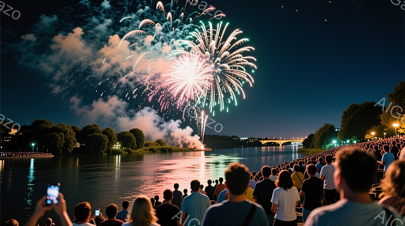 大勢の観客が川沿いに集まり、夜空に咲く花火を見上げています。観客はカジュアルな服装で、Tシャツやシャツを着ており、後ろを振り返って花火を写真に撮っている人もいます。背景には川と橋が見え、暗い空にはカラ - AI生成フリー素材