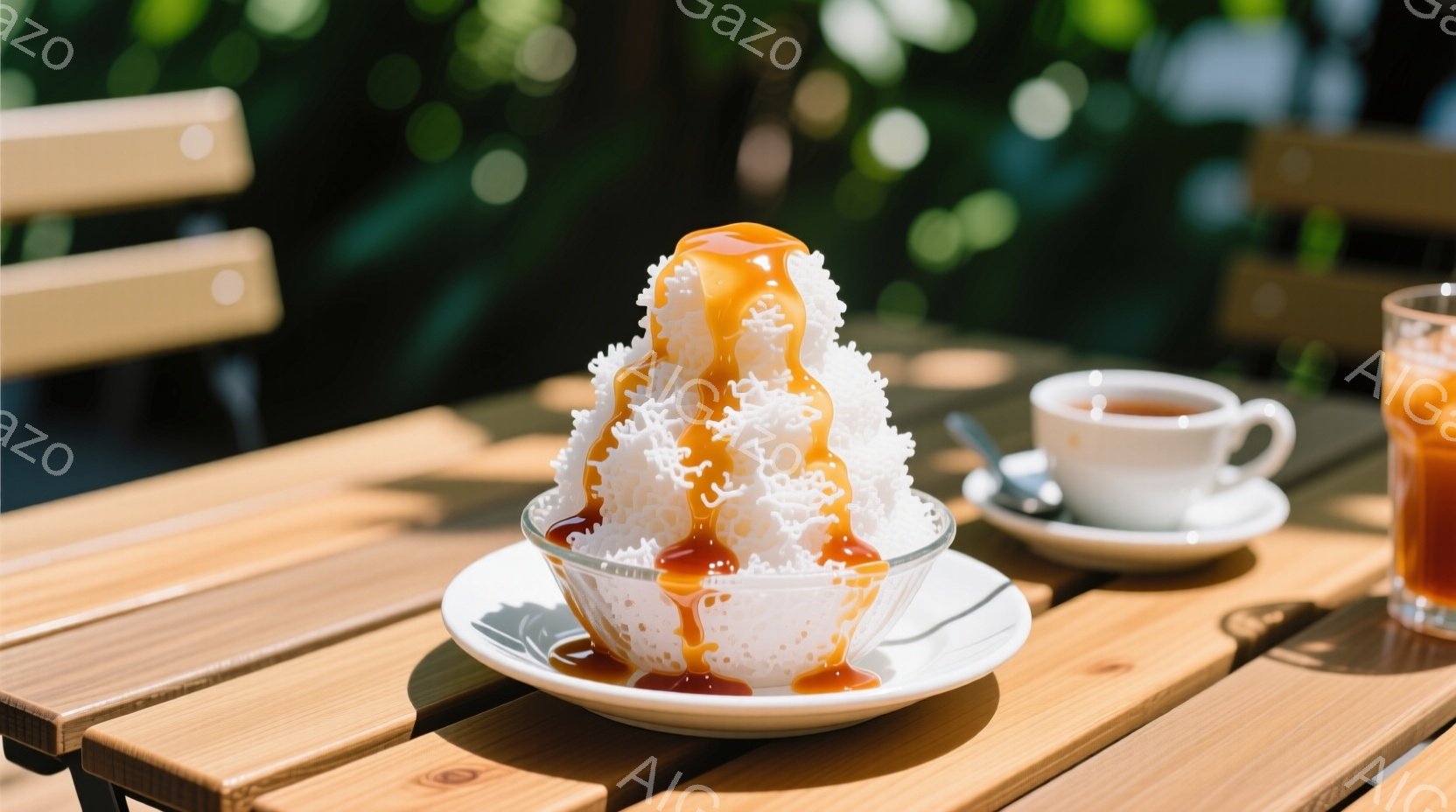 太陽の光が差し込む木製のテーブルの上に、かき氷が置かれています。かき氷はガラスの器に盛られ、キャラメルソースがたっぷりとかけられています。背景には、ぼやけた緑の植物と、オレンジ色の飲み物がグラスに入った様子が見え、暖かい夏の日の穏やかな雰囲気を醸し出しています。