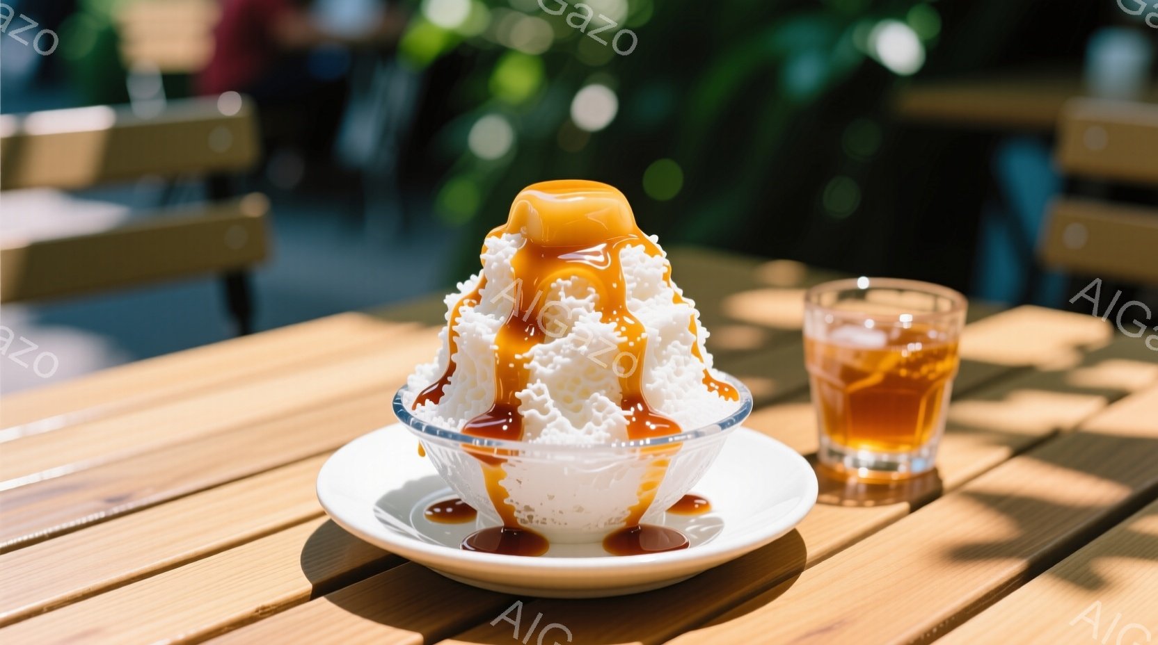 テーブルの上には、かき氷が盛られた器と、オレンジ色の飲み物が注がれたグラスが置かれています。かき氷は白いふわふわとした氷で覆われ、茶色のシロップがかけられています。背景には木製のテーブルとぼやけた緑色の植物が見え、明るい日差しの中で夏の涼しげな雰囲気が漂っています。
