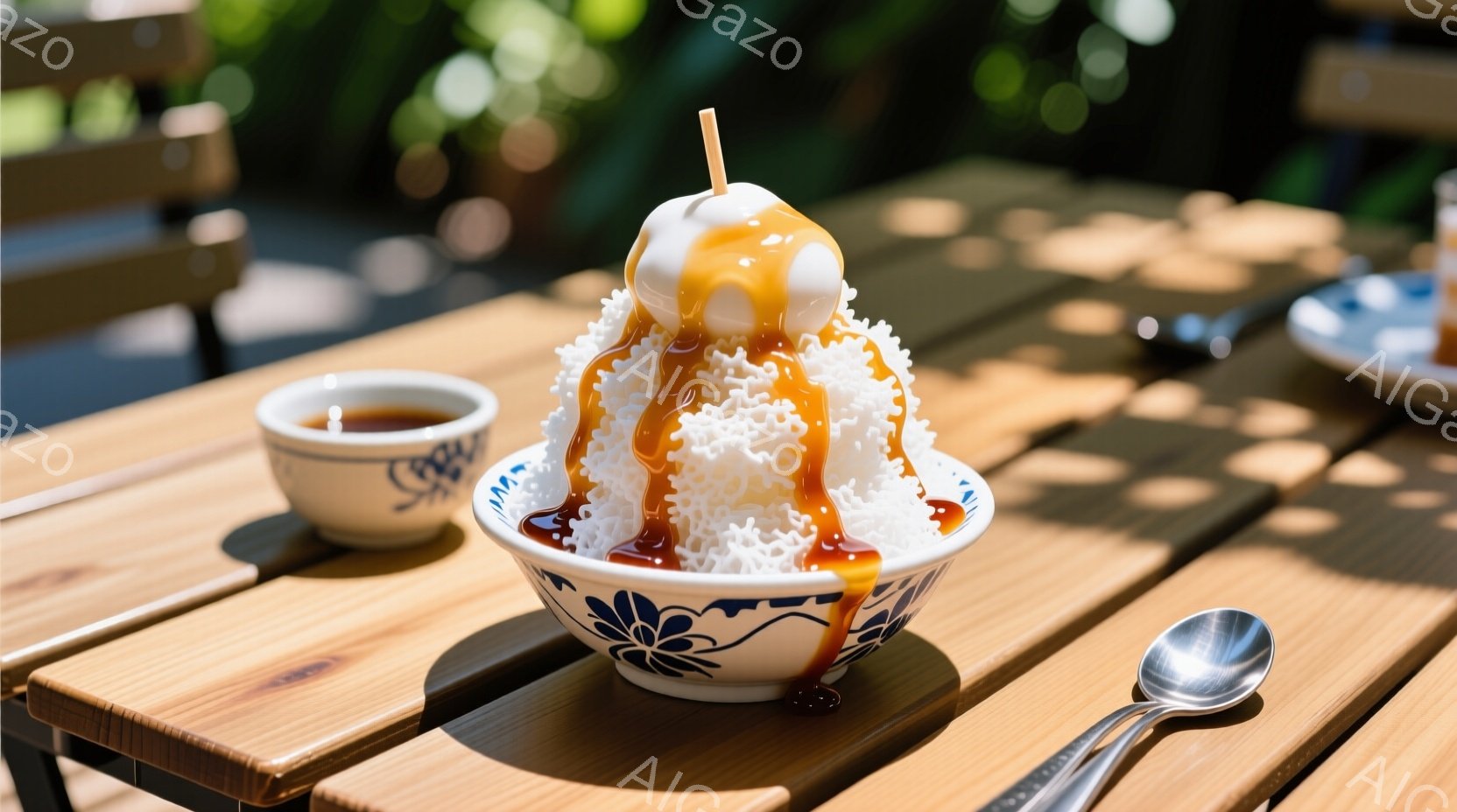 テーブルの上には、かき氷が盛られた白い器が置かれています。蜜が全体にかけられ、頂上には丸い蜜の塊が飾られています。背景には、ぼやけた緑と木製のテーブルの質感が見られ、屋外で撮影された暖かい日の様子がうかがえます。