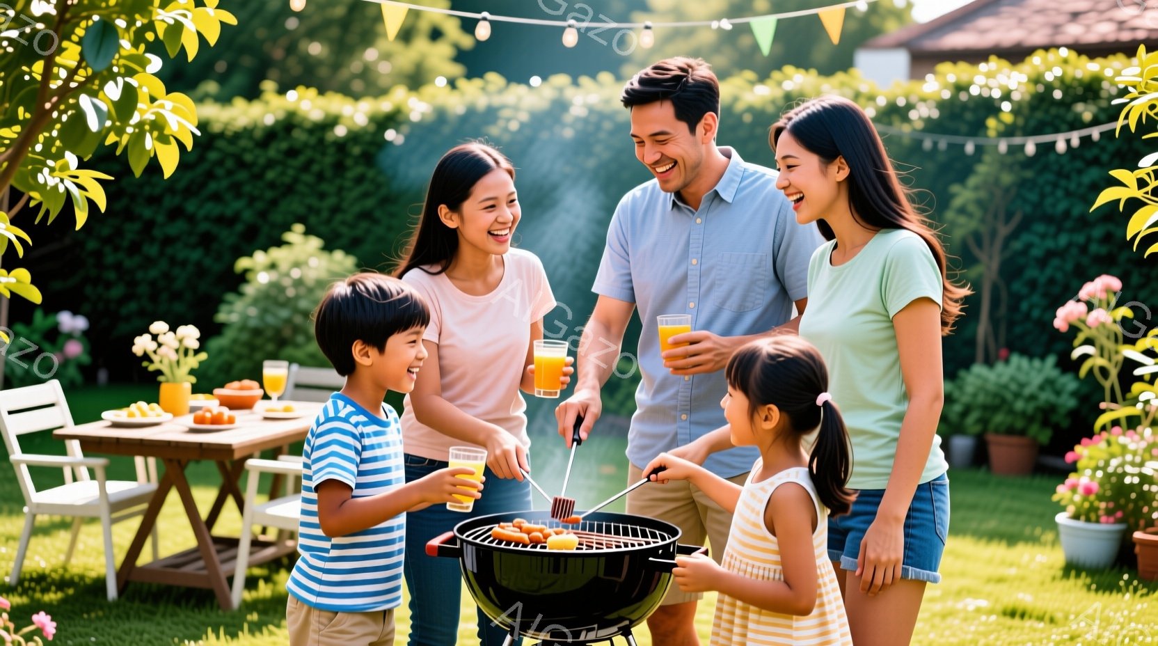 庭でバーベキューを楽しむ家族の様子が写っています。母親はピンク色のTシャツ、父親はベージュ色のシャツ、そして二人の子供たちはそれぞれ縞模様のTシャツと黄色のTシャツを着ています。全員が笑顔で、父親はグリルで肉を焼いており、子供たちはオレンジジュースを持ってそれを眺めています。