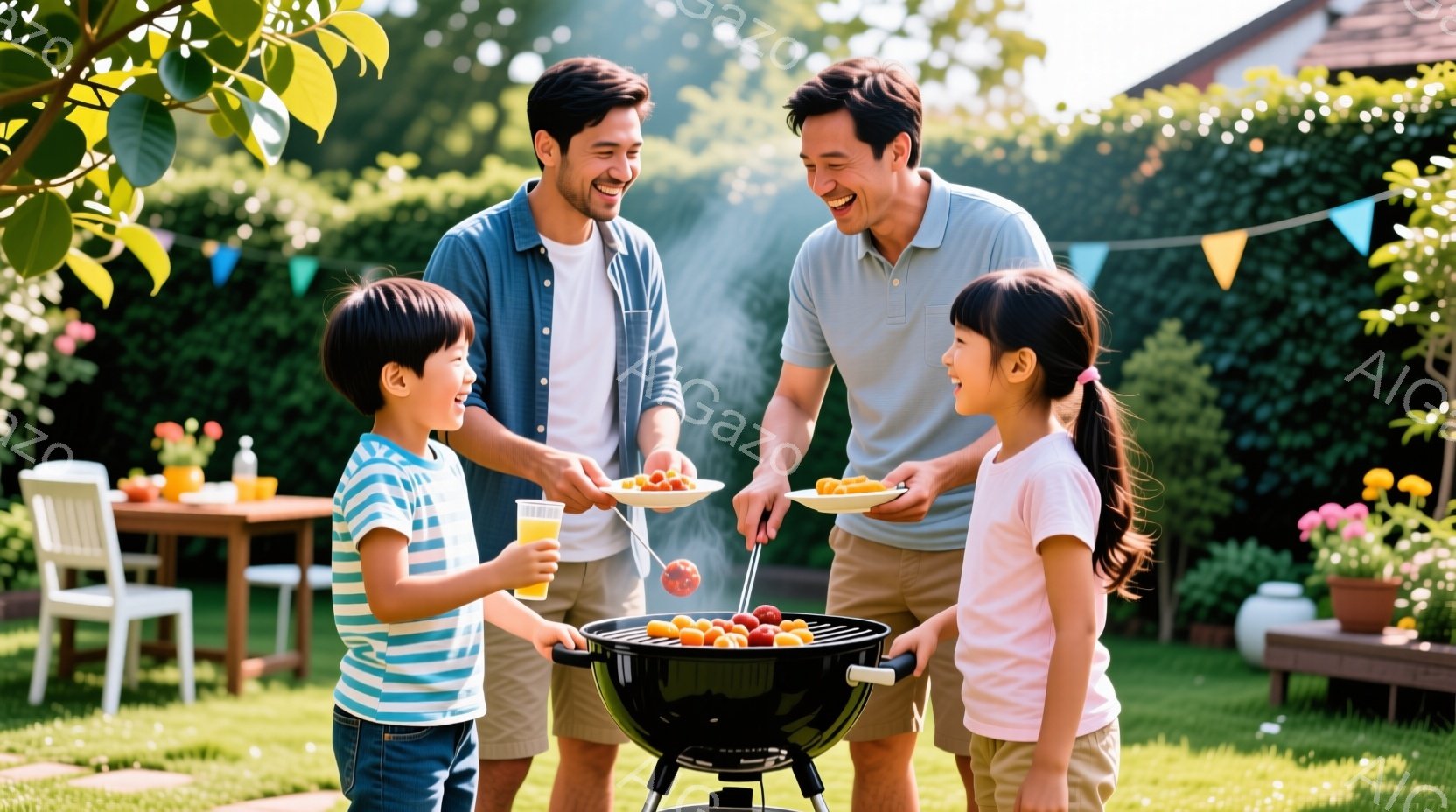 庭でバーベキューを楽しむ家族の様子が写っています。父親は薄いブルーのポロシャツを着ており、笑顔で息子と娘に焼いた肉を盛り付けたお皿を渡しています。背景には緑豊かな庭園、白い椅子とテーブル、そしてカラフルな旗が飾られており、晴れた日の温かい雰囲気を感じさせます。