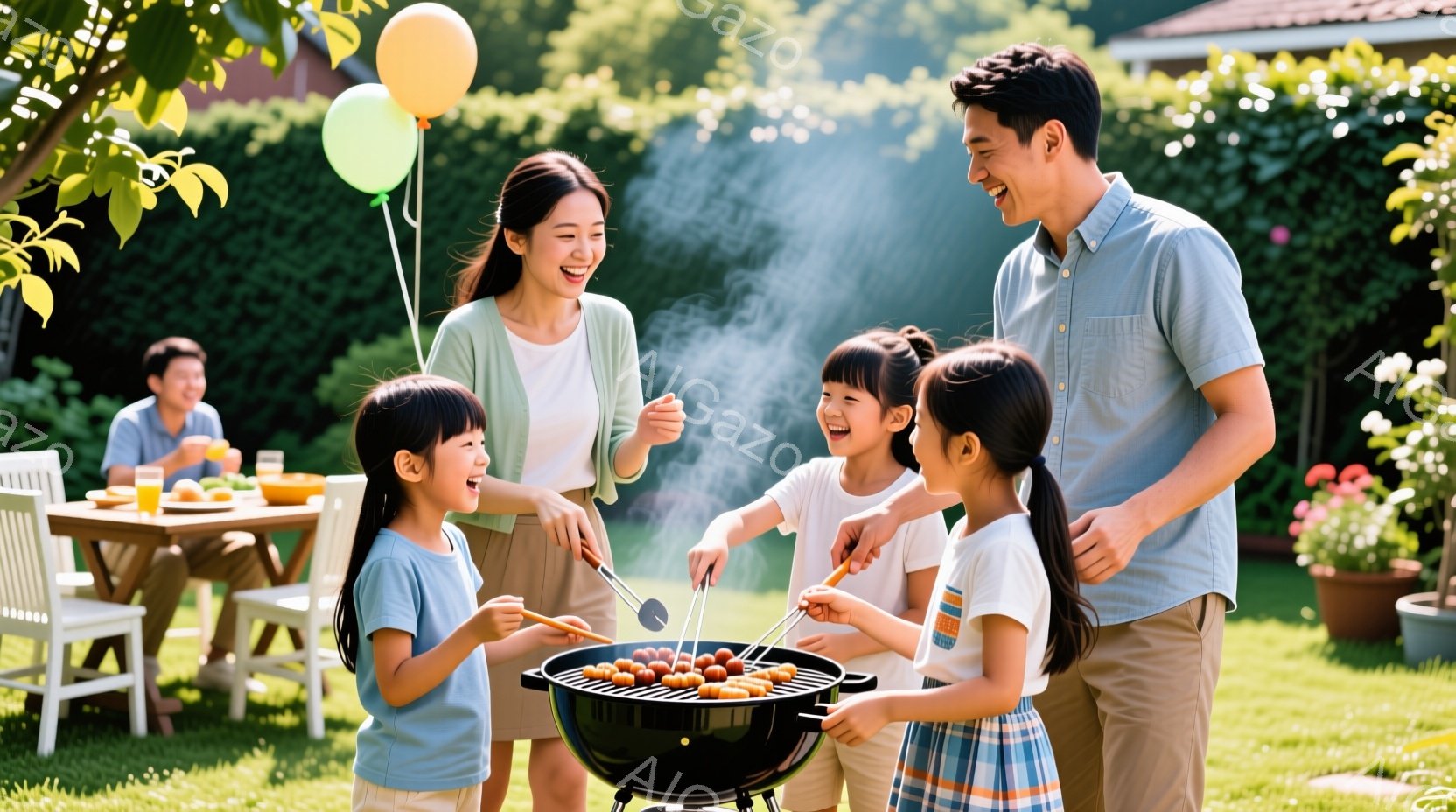 家族の中で外でのバーベキューを楽しむシーンです。中央で二人の親と四人の子供が食べ物を共有しています。家族は恩愛と喜びを表し、周りには友達もいます。背景には緑の草と木が見られ、清らかな空気で陽気な雰囲気が漂っています。
