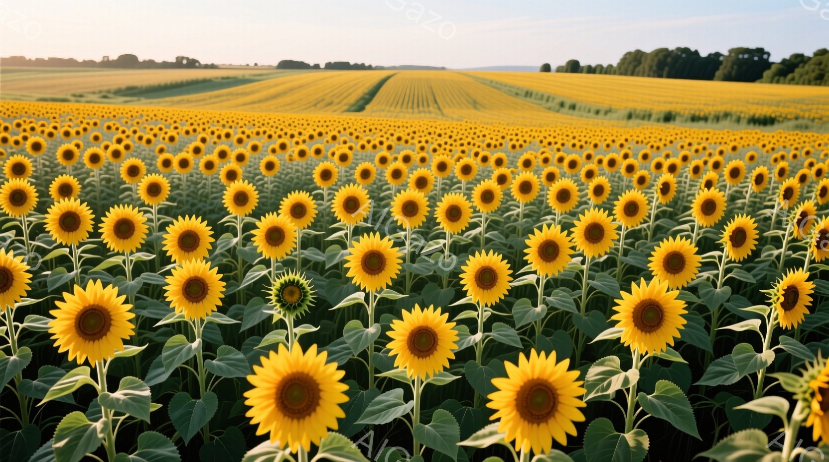 広大なひまわり畑が、画面いっぱいに広がっている。鮮やかな黄色の花々が密集し、緑の葉とのコントラストが美しい。遠景には、なだらかな丘とわずかな森林が見え、晴れた空の下、穏やかで明るい雰囲気を醸し出してい - AI生成フリー素材