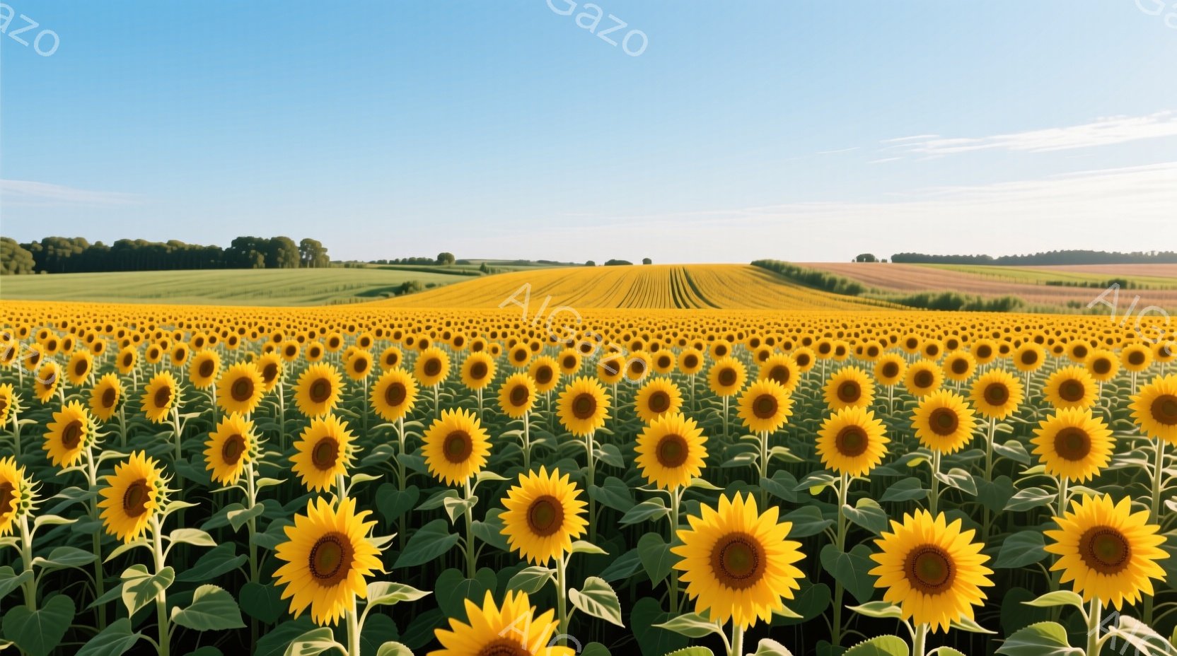 広大なひまわり畑が、なだらかな丘陵地帯に広がっている。空は澄んだ青色で、畑全体を明るく照らし、穏やかで平和な雰囲気を醸し出している。遠くには緑豊かな木々が見え、夏の暖かさと自然の美しさを感じさせる。 - AI生成フリー素材