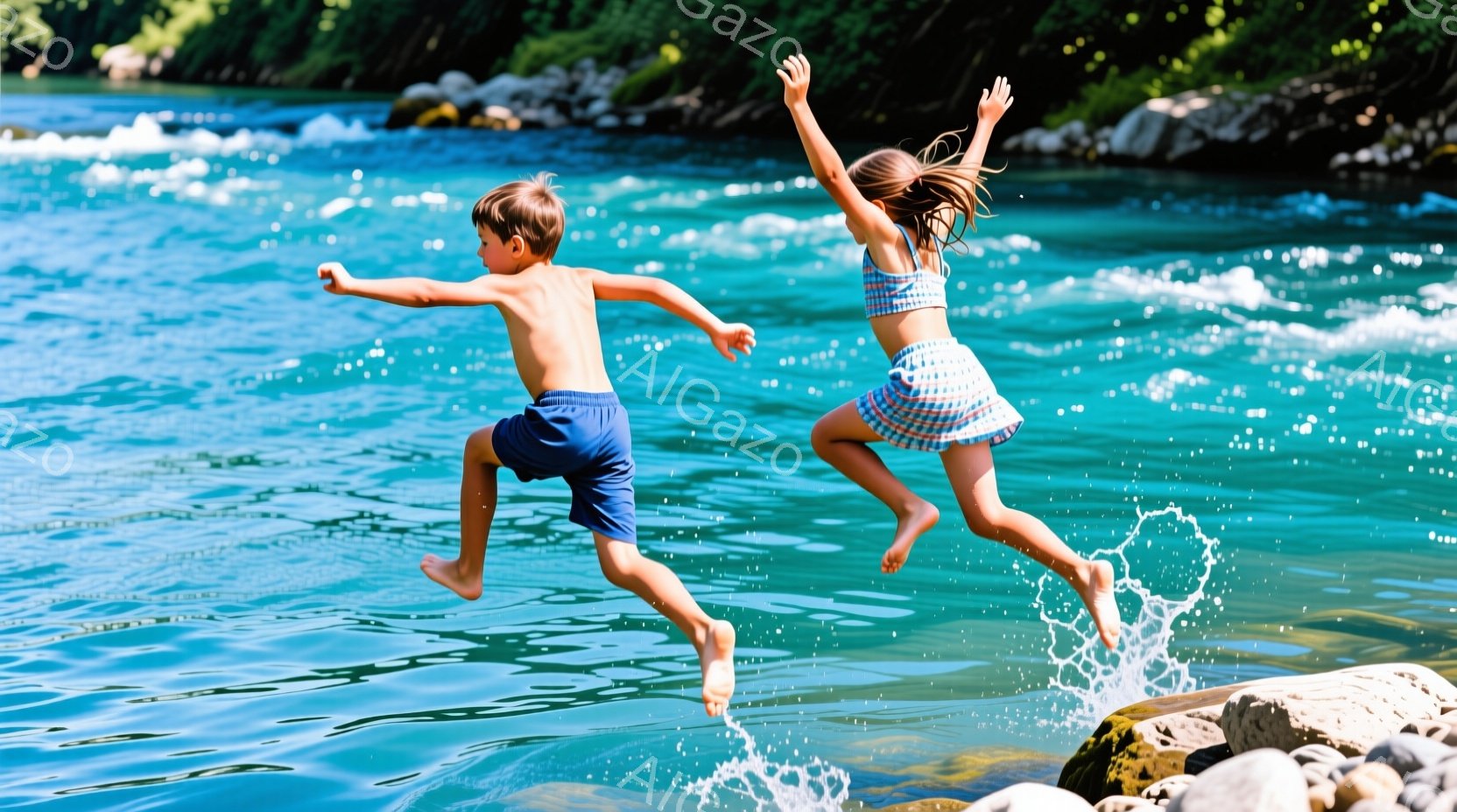 二人の子供が水面を飛び越えている写真です。少年は濃い青色の水着、少女は水色と白のギンガムチェック柄の水着を着ており、両者とも髪は無造作に跳ねています。背景には岩場と緑豊かな森林が広がり、水面は太陽の光を反射してキラキラと輝き、爽やかな夏の日の雰囲気が伝わってきます。
