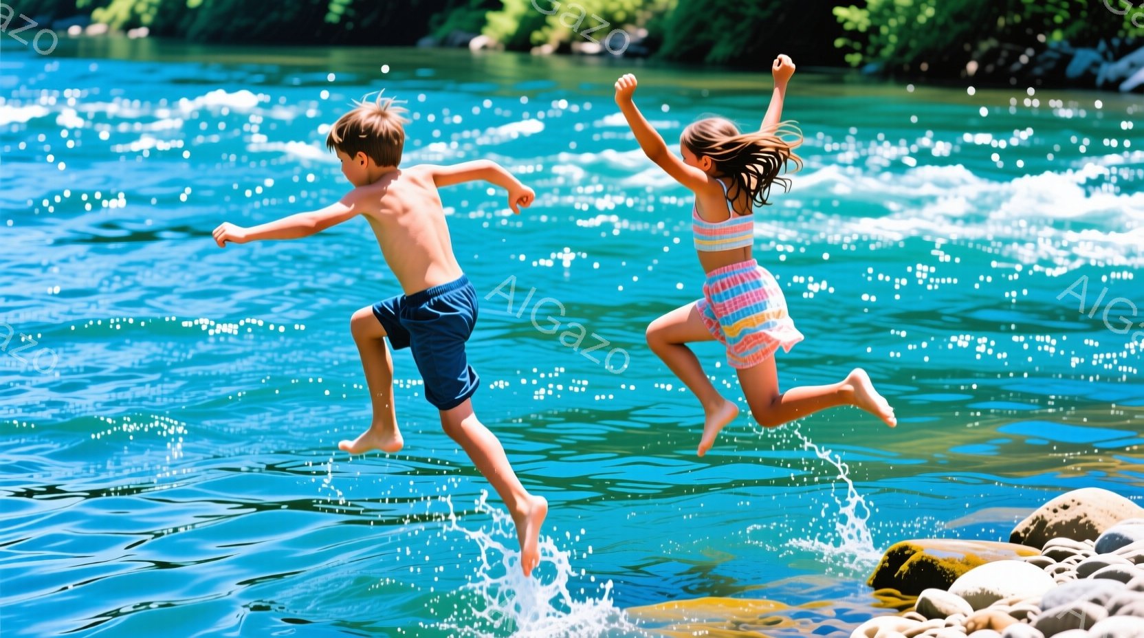 二人の子供が、水しぶきを上げながら川に飛び込んでいる様子が捉えられています。少年は青い水着を着用し、少女はカラフルな模様の水着と髪をポニーテールにしています。背景には緑豊かな自然が広がり、晴れた日の活気に満ちた夏の雰囲気が伝わってきます。