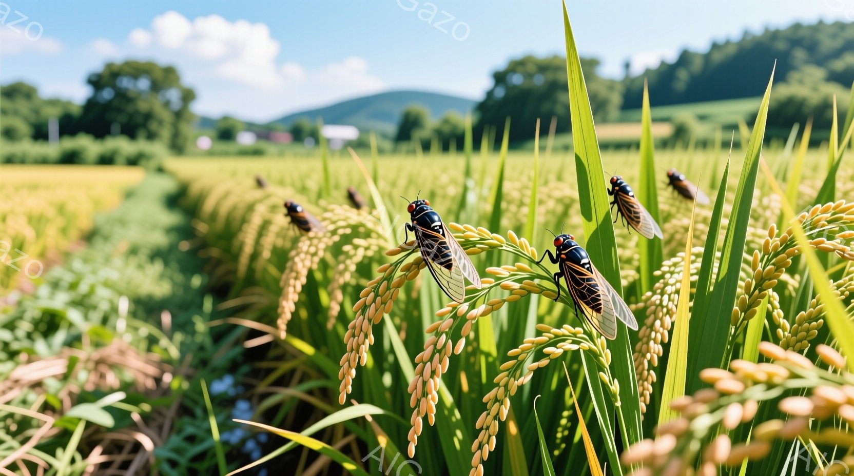 黄金色に輝く稲穂が広がる田園風景に、数匹の蝉がとまっている。緑色の稲の葉と黄金色の稲穂のコントラストが美しく、背景には穏やかな丘と青空が広がっている。夏の陽光の下、自然の生命力と静けさを感じる風景であ - AI生成フリー素材