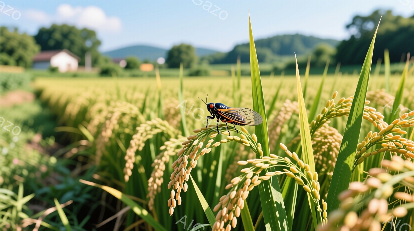 黄金色に輝く稲穂の上に、黒と赤のコントラストが美しいセミがとまっている。背景には緑豊かな田園風景が広がり、遠くには建物の屋根と山々が見える穏やかな光景だ。全体的に暖かく、秋の訪れを感じさせる静寂な雰囲気である。