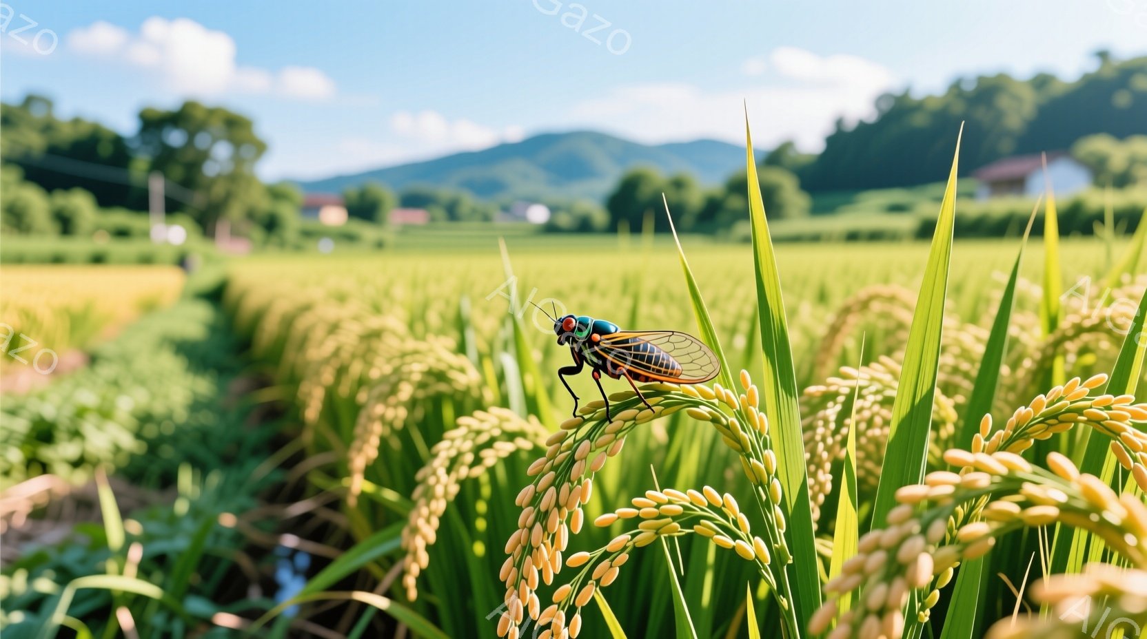 黄金色に実った稲穂の上に、鮮やかな色彩を持つセミがとまっている。背景には緑豊かな田園風景が広がり、遠くには山々が連なっている。穏やかな日差しと鮮やかな色彩が、夏の田園の静けさと生命力を表現している。