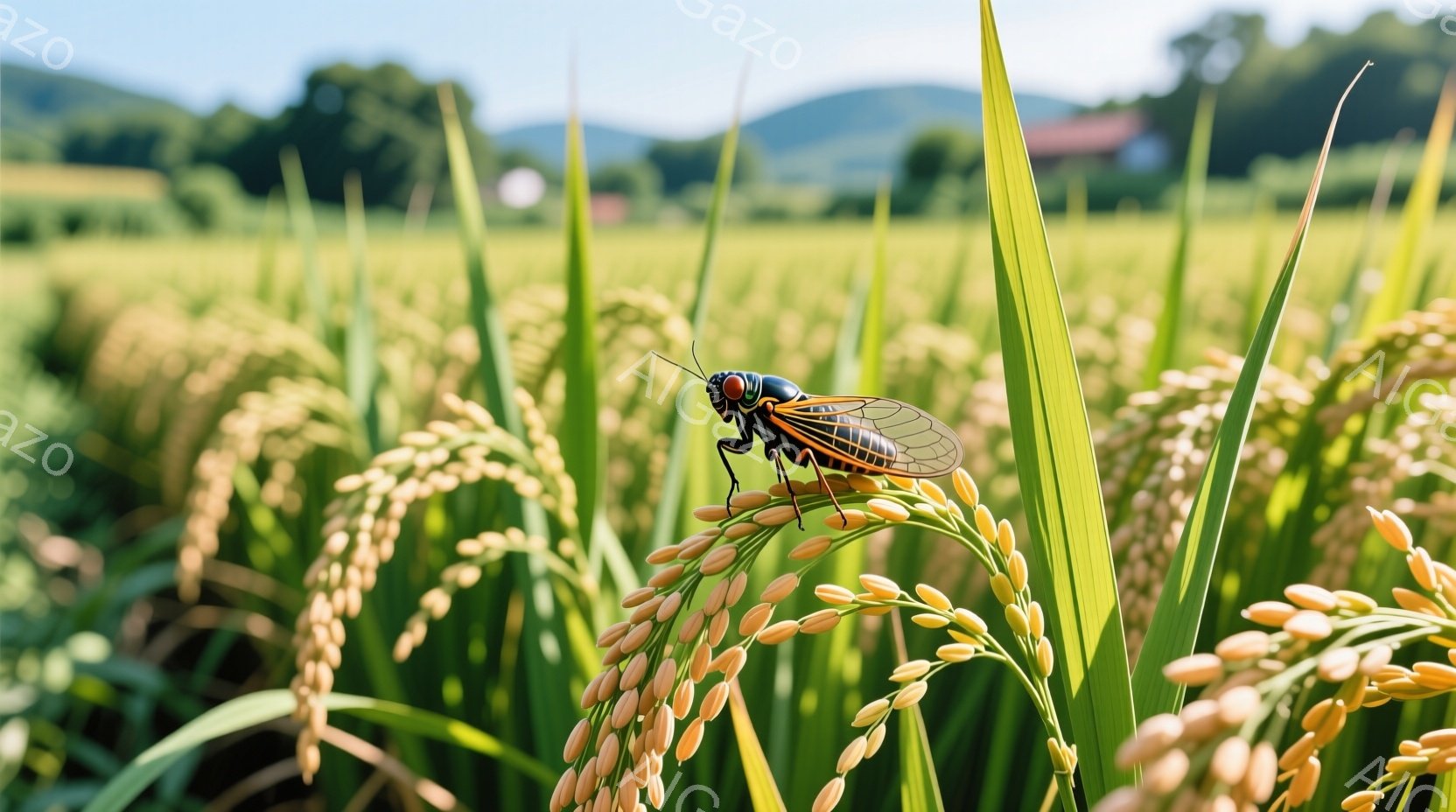 黄金色に輝く稲穂の上で、黒とオレンジの美しい斑点模様を持つ大きなセミがとまっています。背景には緑豊かな田園風景が広がり、遠くには山々がぼんやりと見えます。穏やかな日差しの中で、夏の静けさと生命力を感じさせる一枚です。