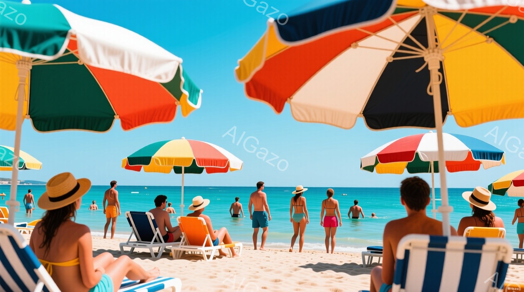 鮮やかな日差しが照りつけるビーチで、カラフルなパラソルが並び、リラックスした雰囲気を醸し出しています。人々は日光浴をしたり、海で泳いだりしており、皆リラックスした様子で、夏のバカンスを楽しんでいるよう - AI生成フリー素材