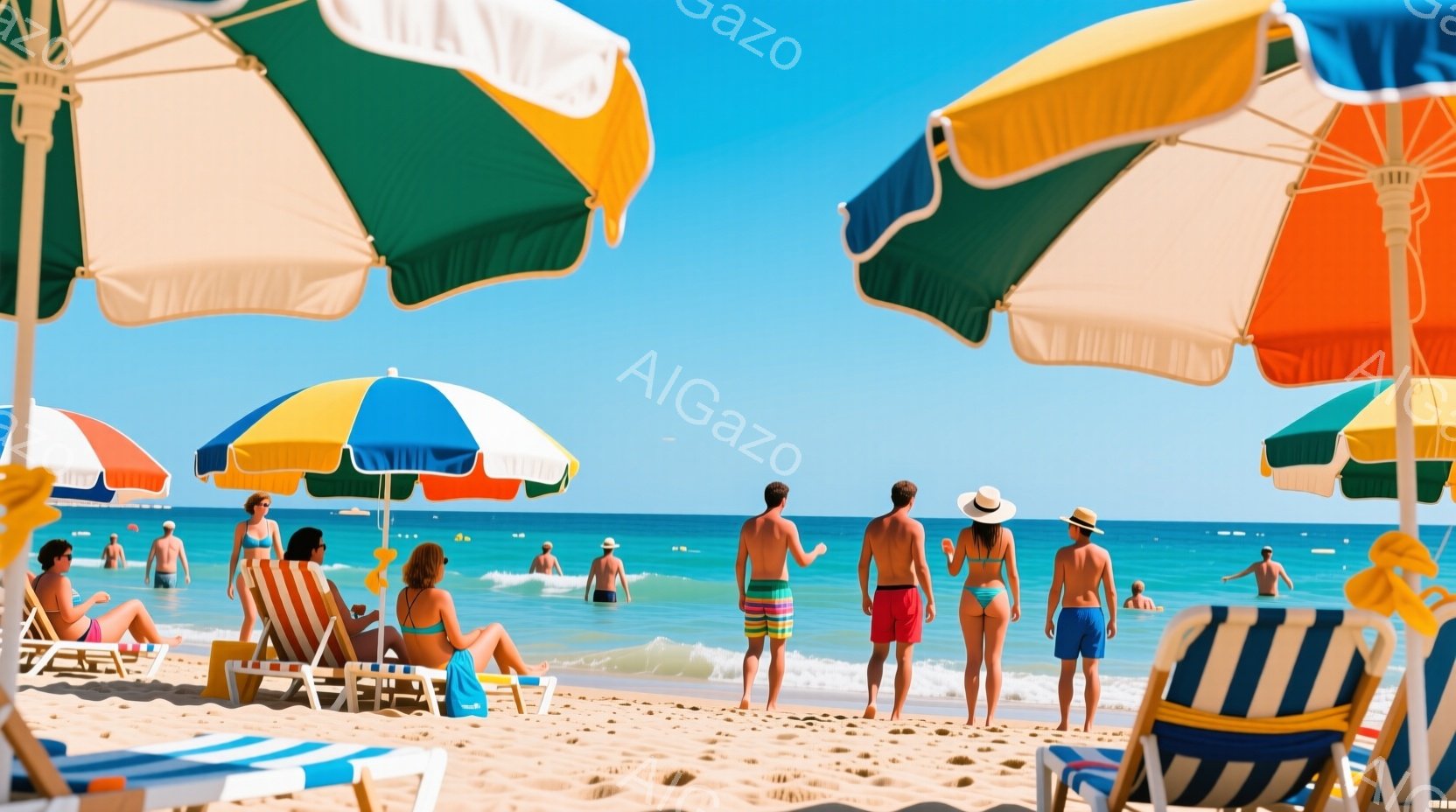 青い空とターコイズブルーの海が広がるビーチで、カラフルなパラソルが並び、人々が日光浴を楽しんでいる。水着姿の人々はリラックスした様子で、砂浜を歩いたり、ビーチチェアでくつろいだりしている。全体的に、夏 - AI生成フリー素材