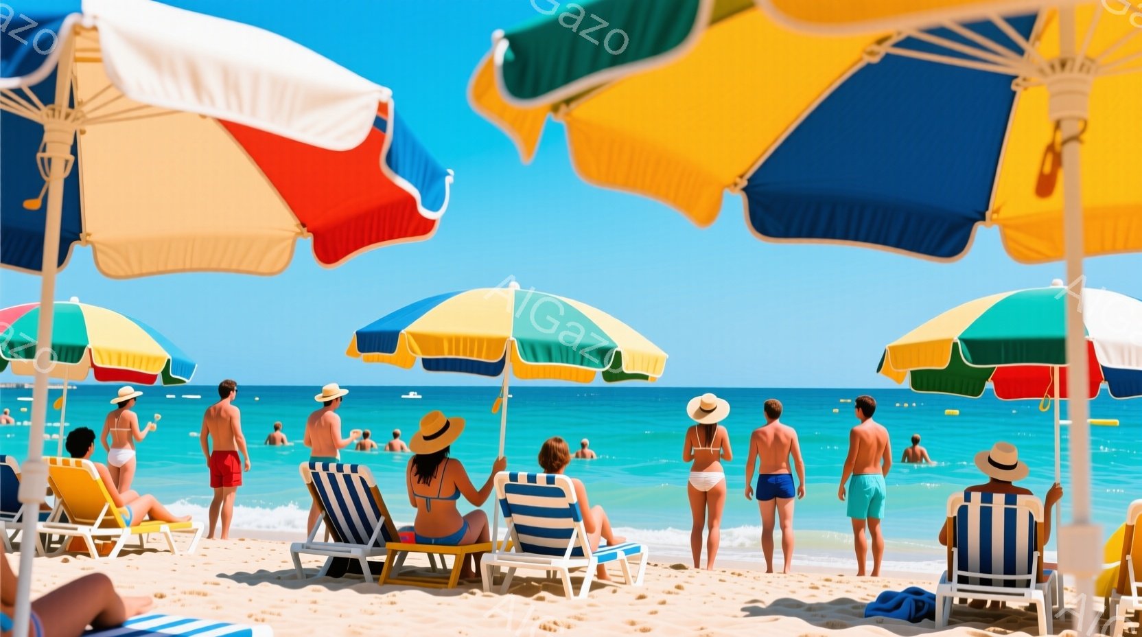 砂浜にはカラフルなパラソルが並び、リラックスした人々が日光浴を楽しんでいる。人々は水着姿で、椅子に座ったり、海を眺めたりと、それぞれの方法で休暇を満喫している。背景には青い海と空が広がり、穏やかな夏の - AI生成フリー素材