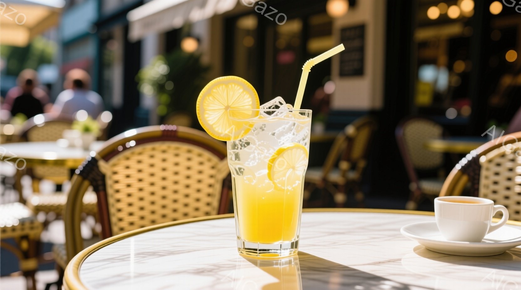 眩しい日差しが差し込むカフェのテラス席に、レモンスライスとストローが飾られた冷たいドリンクと、白いソーサーに乗ったエスプレッソカップが置かれている。テーブルはマーブル調で、周囲には籐の椅子が並び、背景 - AI生成フリー素材
