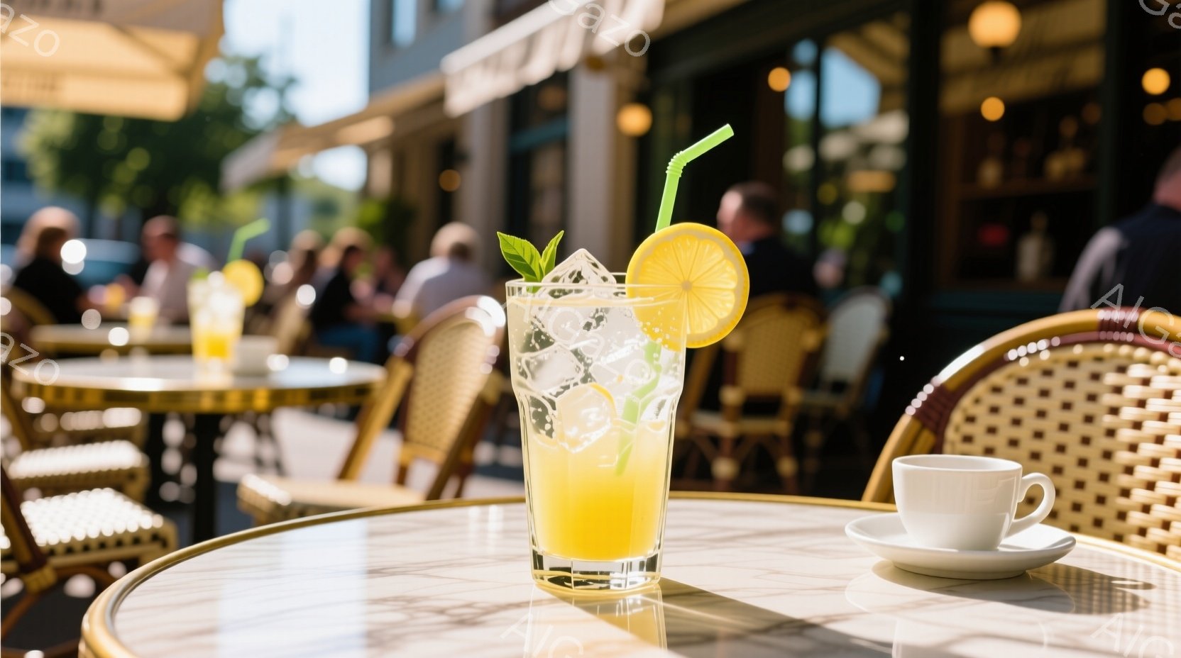 庭のカフェのテーブルに、氷とレモンスライスとミントの葉が飾られた黄色い飲み物と、白いソーサーに乗った白いカップが置かれています。背景には、他のテーブルや人々が見え、日差しが差し込み、穏やかでリラックスした雰囲気です。人々はカジュアルな服装で、カフェでのひと時を楽しんでいる様子が伺えます。