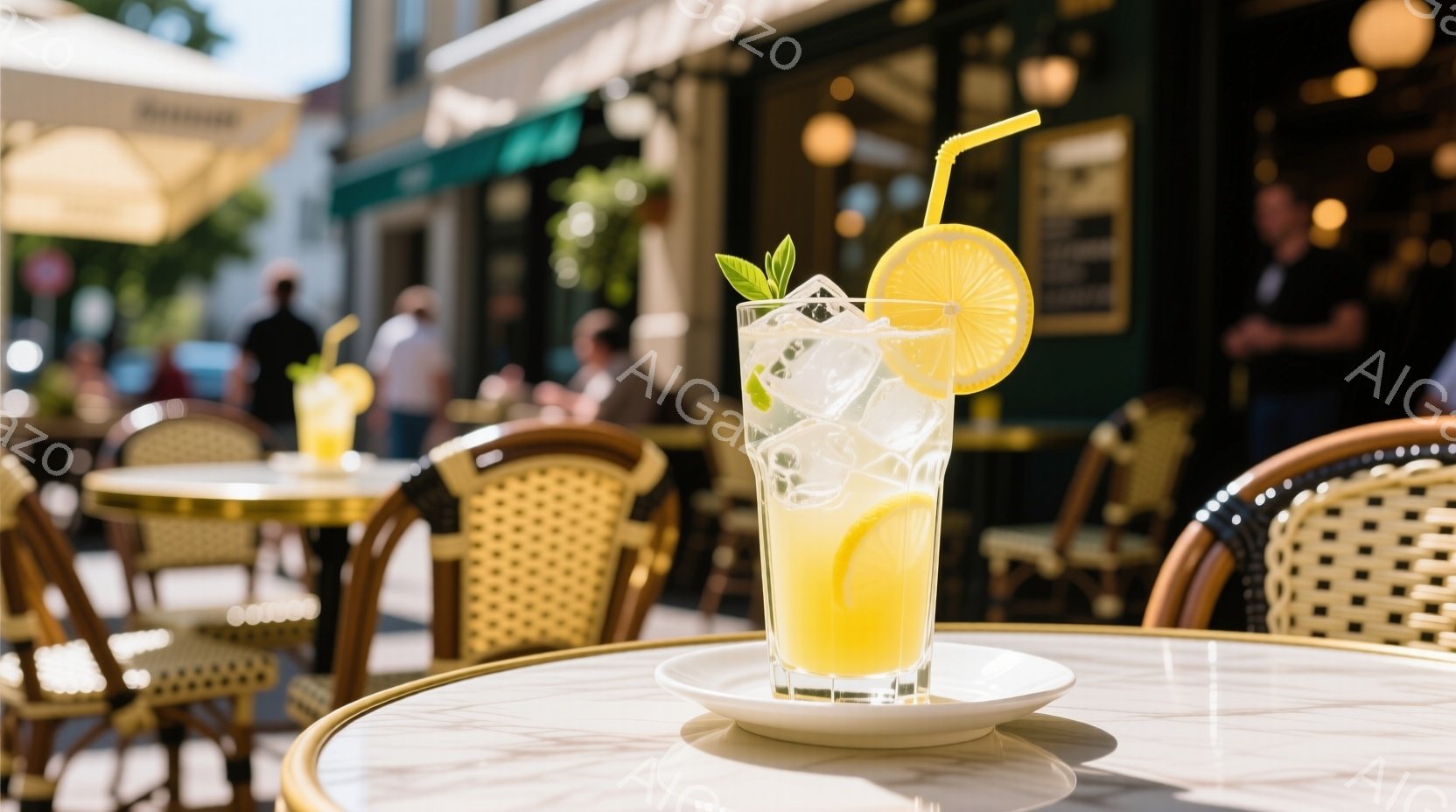 白い大理石のテーブルに、レモンとミントを飾った黄色いドリンクグラスが置かれている。背景にはカフェのテラス席が広がり、人々が食事を楽しんでいる様子がぼやけて見える。晴れた日の穏やかな午後のカフェの雰囲気で、リラックスした時間が流れている。