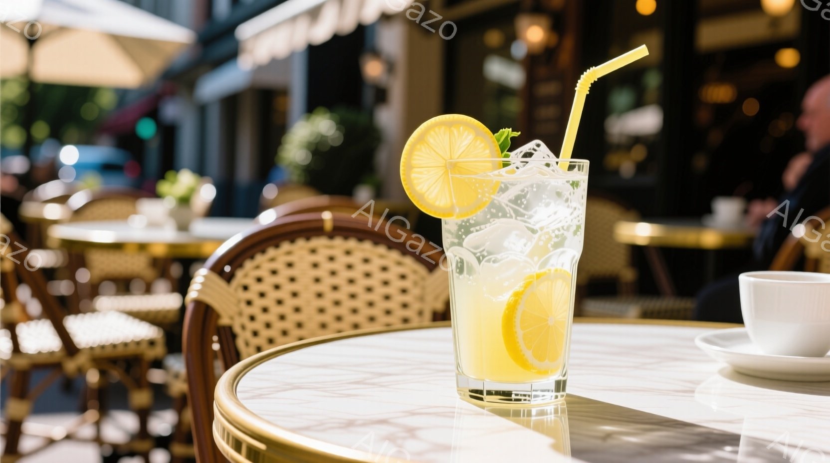 レモンとミントが飾られた冷たい飲み物が、金色の縁取りのある大理石のテーブルに置かれている。背景にはパリらしいカフェの椅子と、ぼやけた街並みが見え、晴れた日の穏やかな雰囲気が漂っている。テーブルの奥には白いカップとソーサーが置かれ、優雅なカフェタイムを想像させる。
