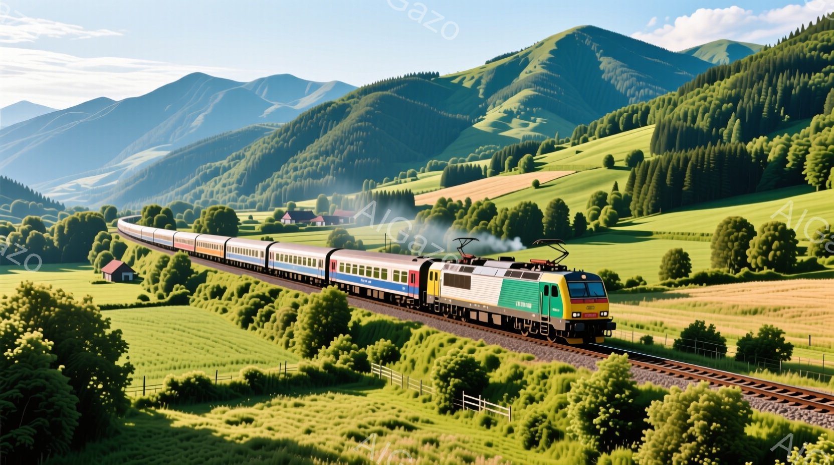緑豊かな丘陵地帯を、青と黄色のカラフルな客車が連結されたディーゼル機関車が走っている。背景には、穏やかな曲線を描く丘陵と、点在する可愛らしい家々が見え、晴天の下、穏やかで平和な雰囲気が漂っている。機関車からはわずかに煙が出ており、自然豊かな風景とのコントラストが美しい。