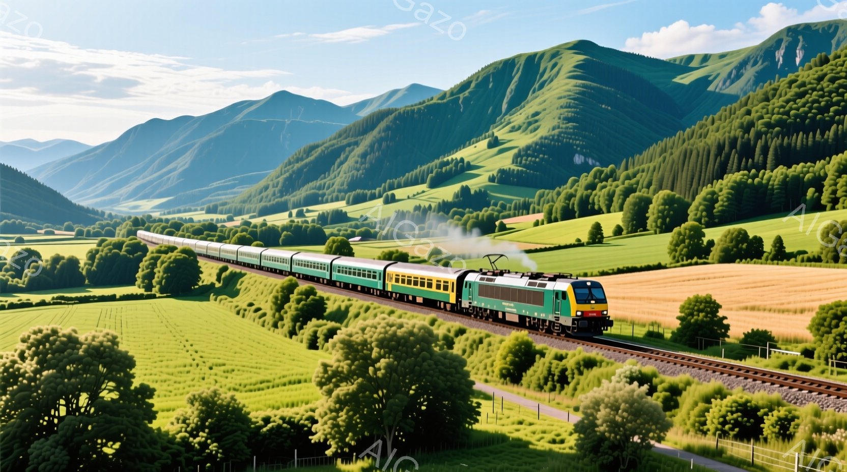 緑豊かな丘陵地帯を走る緑と黄色の列車が印象的な風景です。列車は多くの客車を連結しており、煙を上げながら線路を快走しています。背景には、緑の木々や畑が広がり、晴天の下、穏やかで平和な雰囲気を醸し出してい - AI生成フリー素材