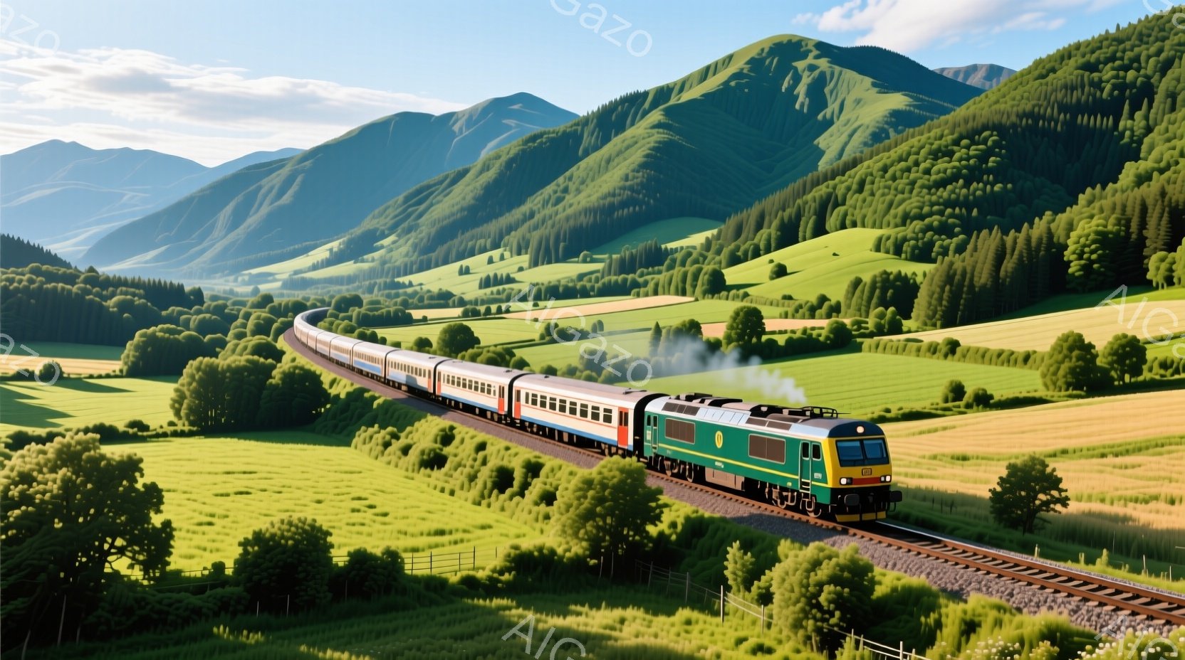 緑豊かな丘陵地帯を走る緑と赤色の列車が印象的な風景です。列車は多くの車両を持ち、煙を上げながら線路を疾走しています。背景には穏やかな山々が連なり、晴天の下、平和で牧歌的な雰囲気が広がっています。