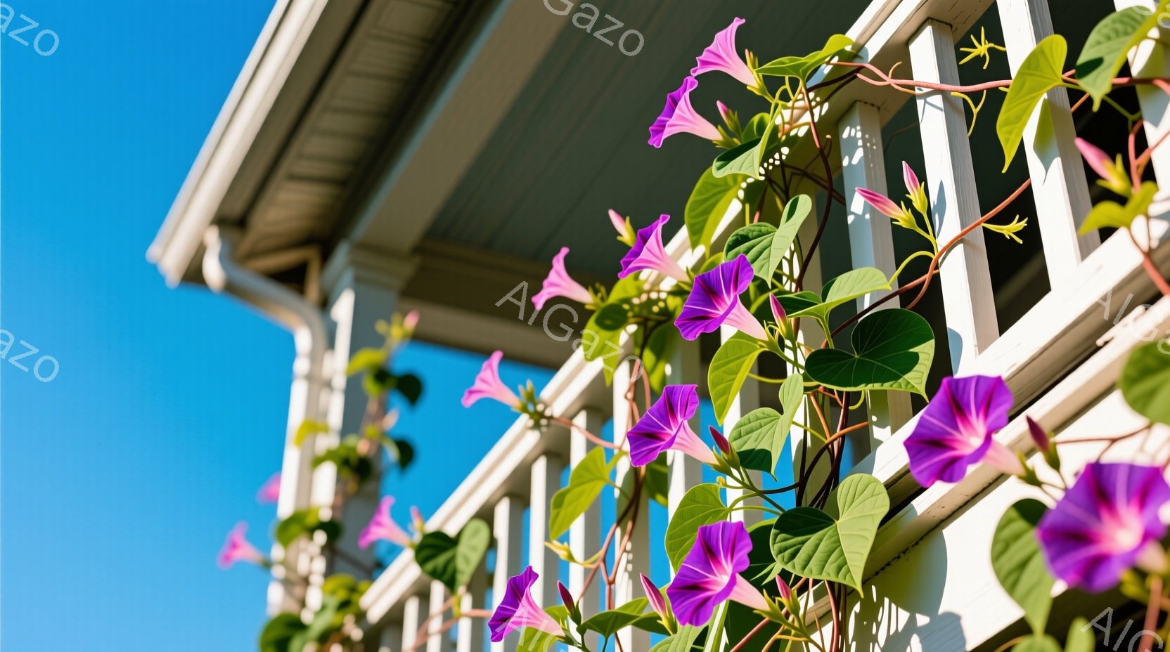鮮やかな紫色の朝顔が白い柵に絡みつき、空を背景に美しく咲き誇っている。太陽の光が降り注ぎ、葉や花びらが明るく照らされている。背景には建物の屋根が見え、晴れた快晴の空が広がっている。